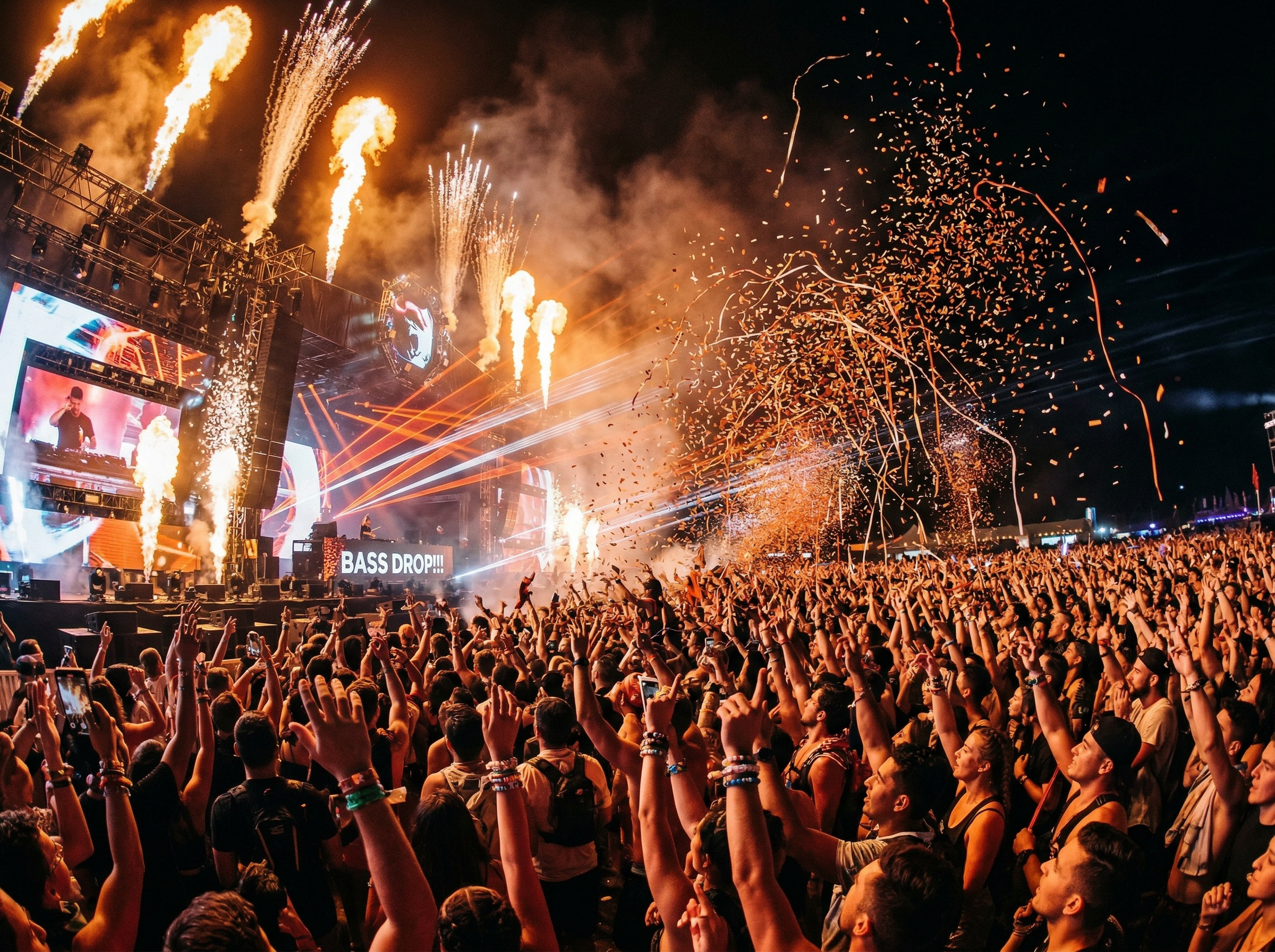 Festival crowd with hands raised during an explosive EDM drop moment with pyrotechnics