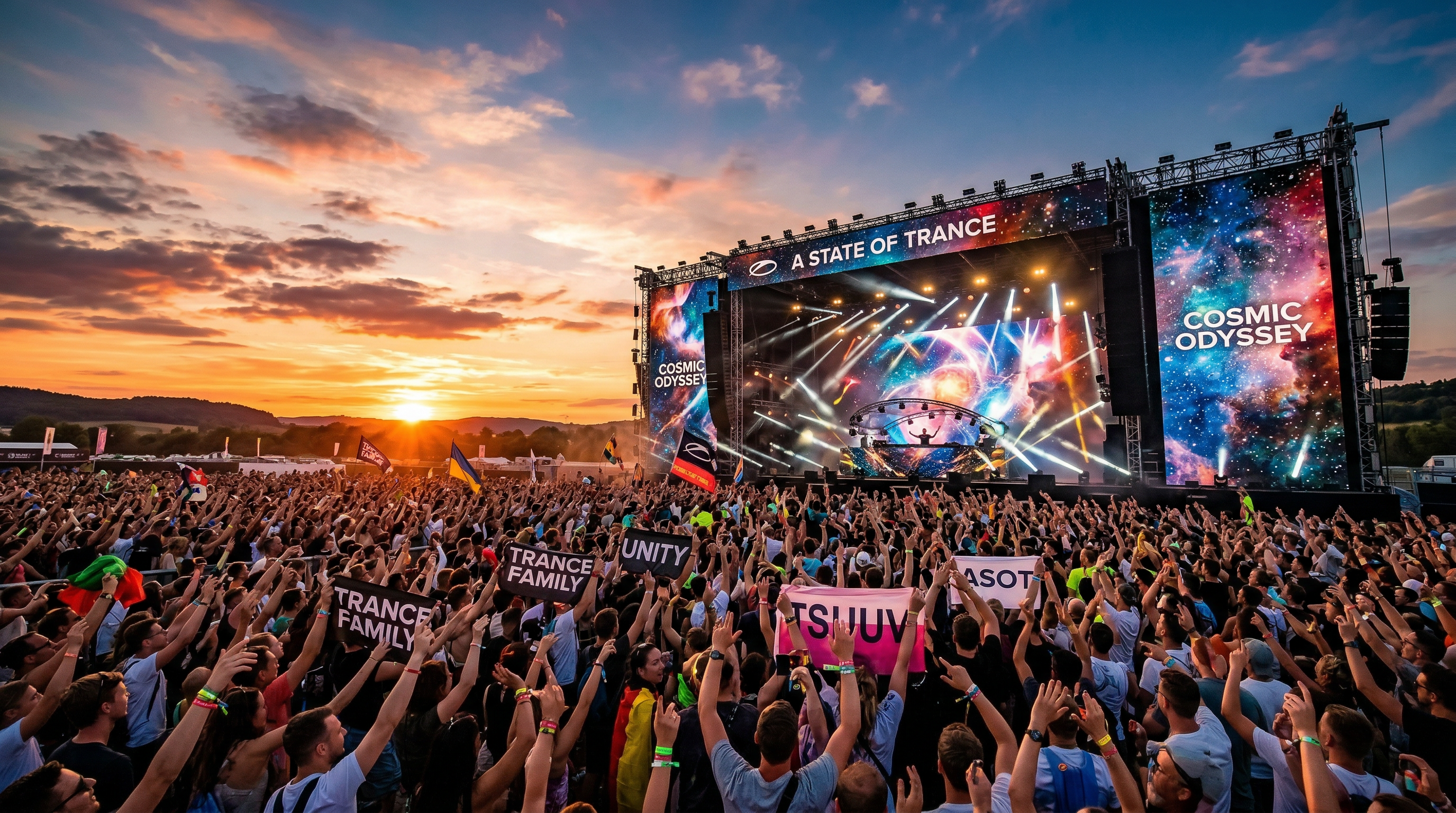 Massive outdoor festival at sunset with thousands of fans and a trance DJ on an illuminated main stage