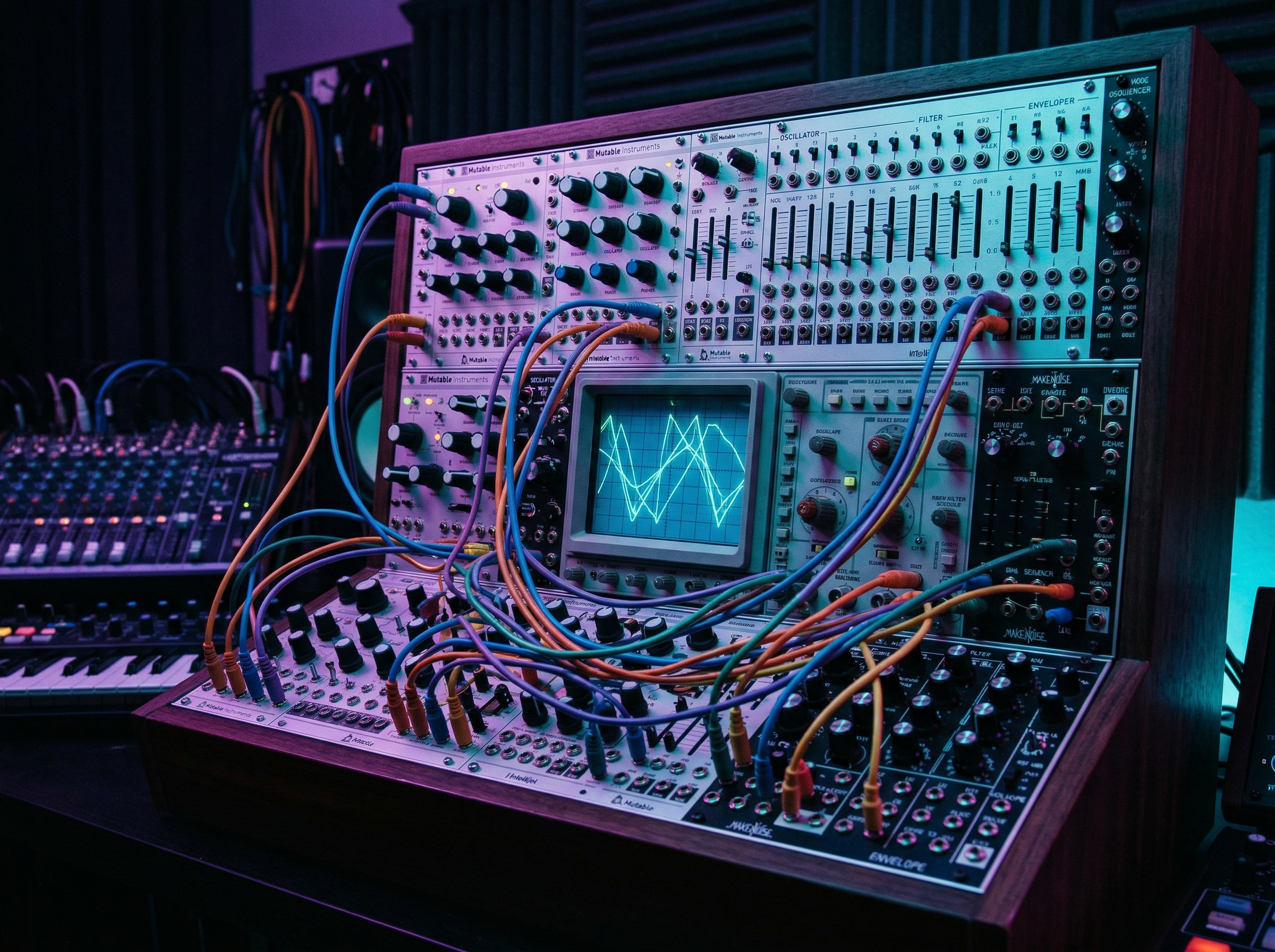 Modular synthesizer with glowing cables and oscilloscope displaying waveforms in a dark studio