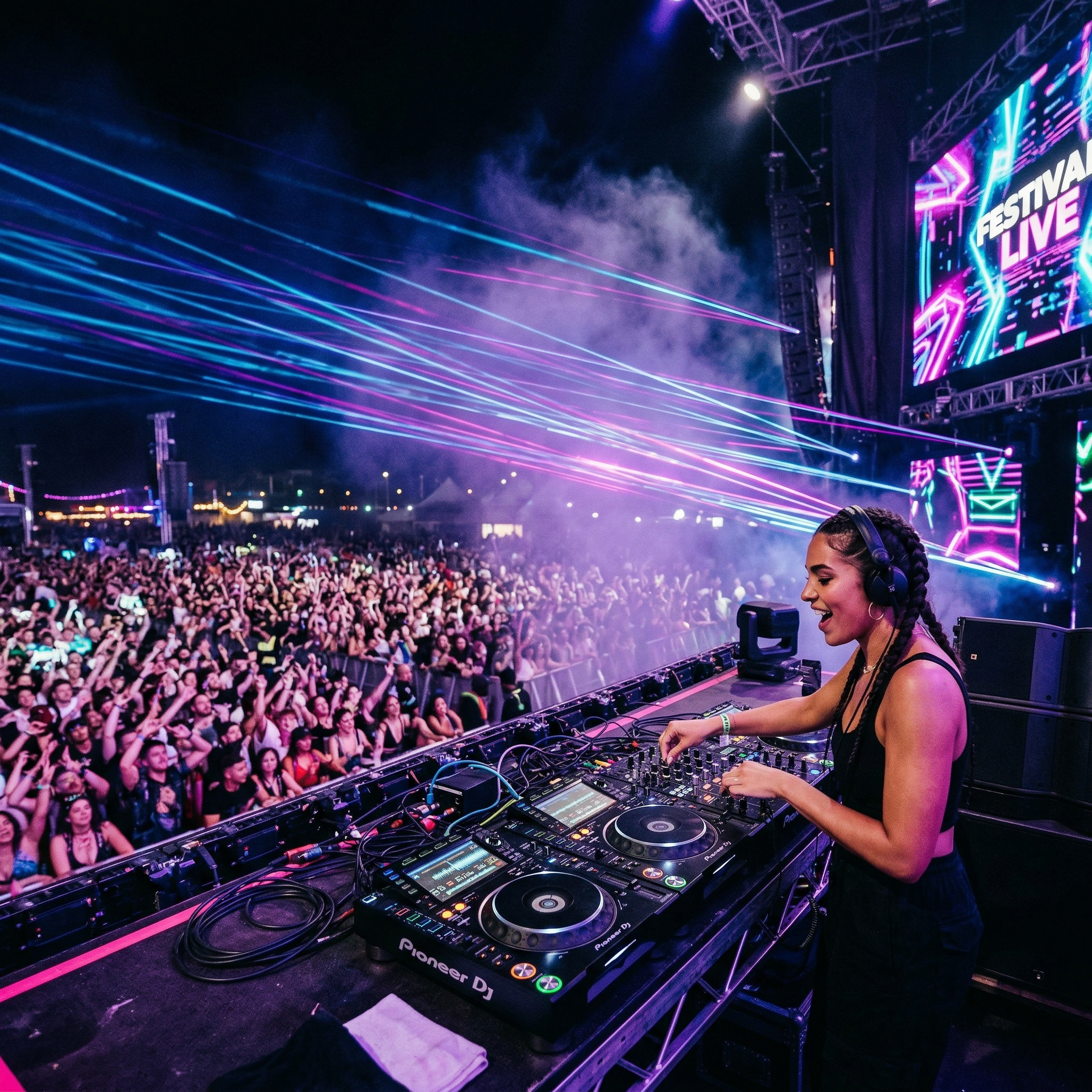 DJ performing at a festival stage with colorful laser lights and a massive crowd dancing to electronic music