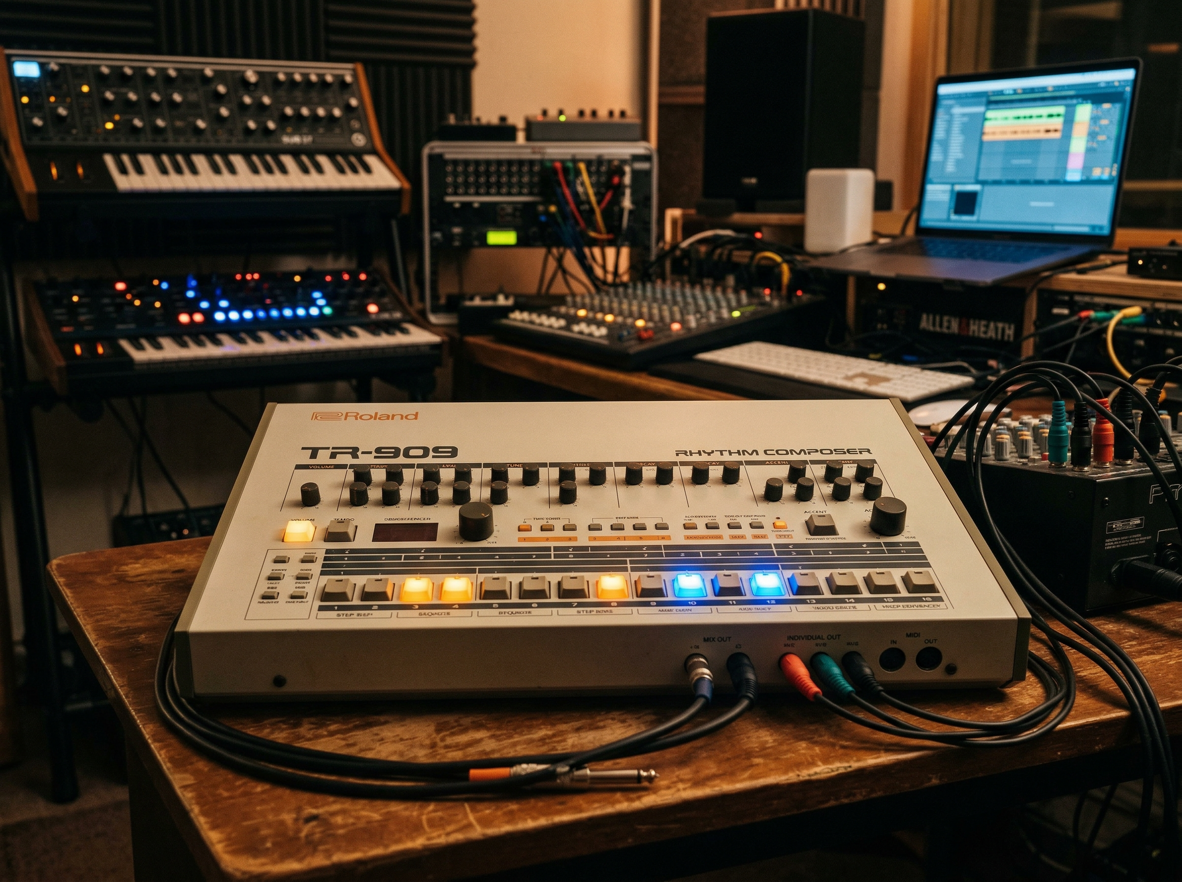Close-up of a drum machine with glowing pads and rhythmic waveform visualization