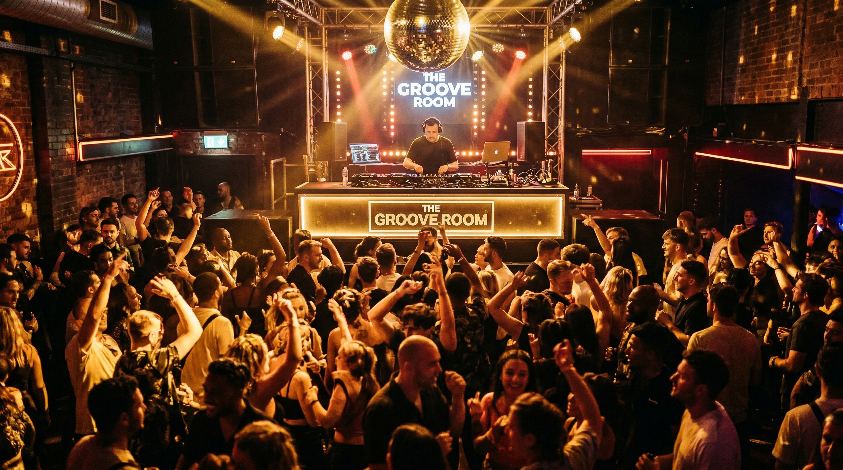 Vibrant nightclub interior with warm lighting and a DJ spinning house music to a crowded dancefloor
