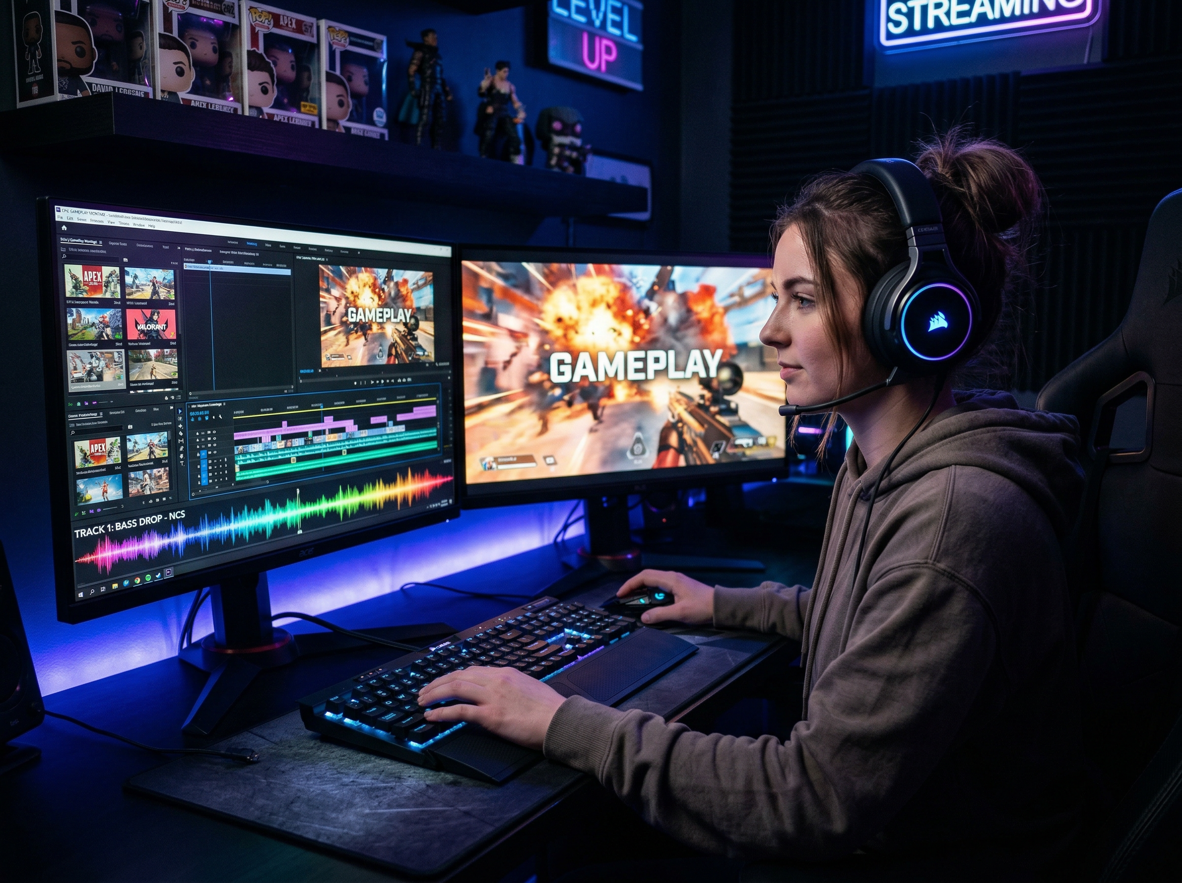 Content creator editing a gaming montage video with electronic dance music waveform on screen