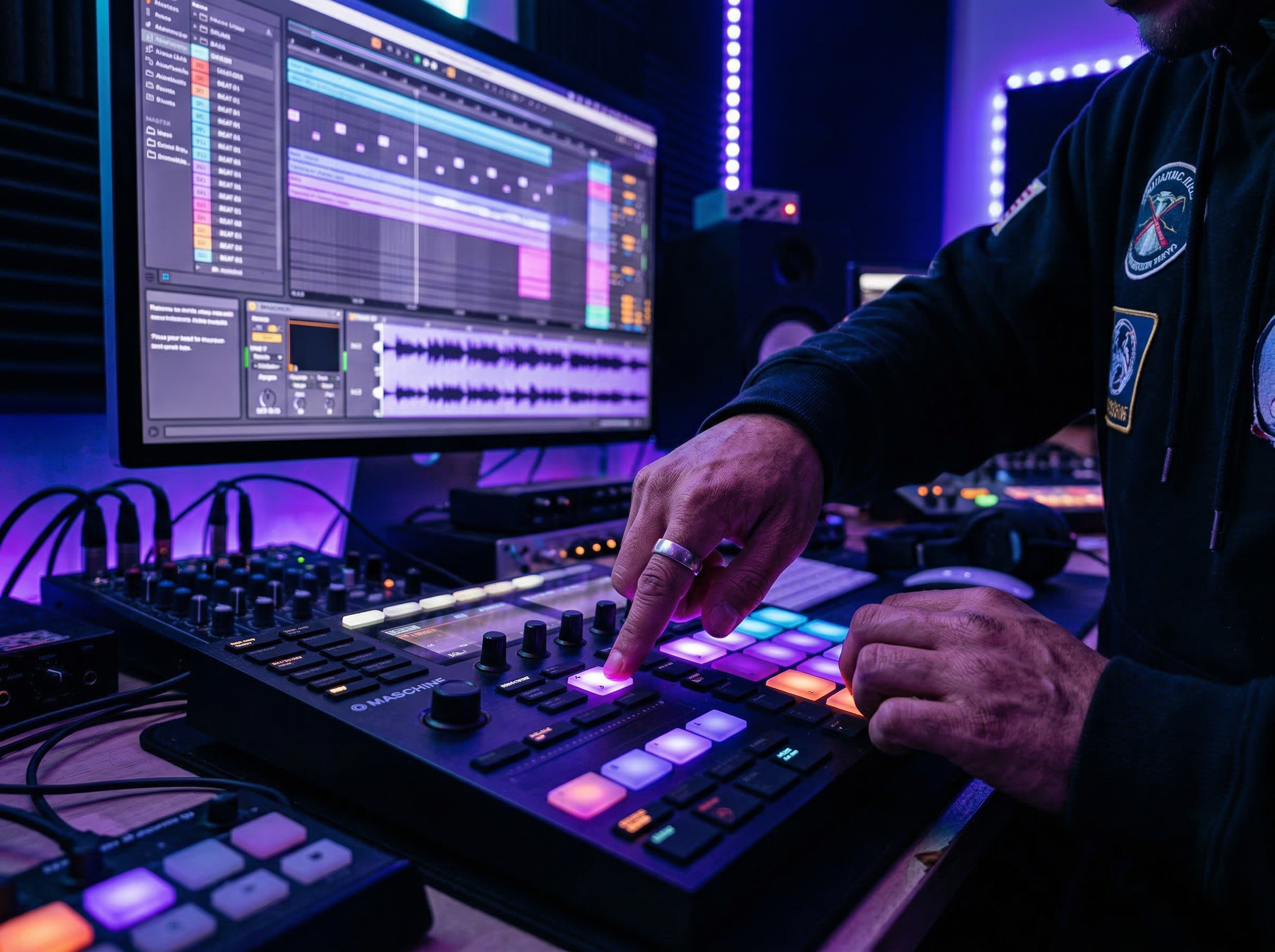 Equalizer visualization showing AI-generated hip hop beat waveforms with bass and drum patterns