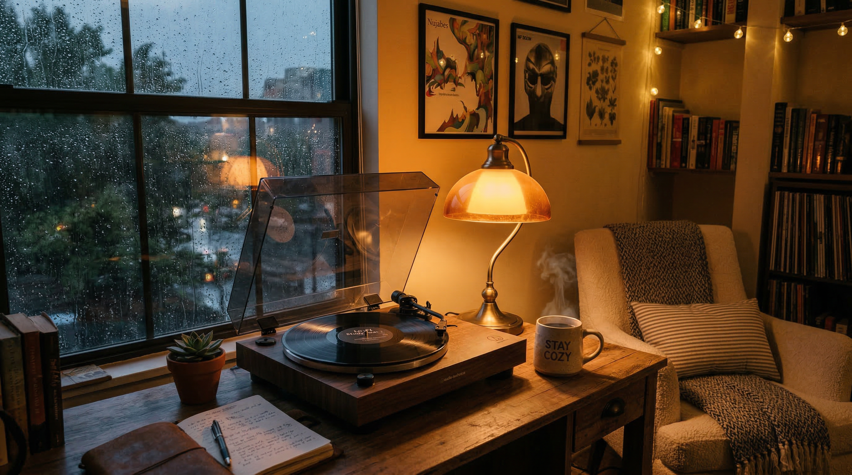 Cozy bedroom with vinyl record player, warm lamp light, and rain on the window representing lo-fi hip hop