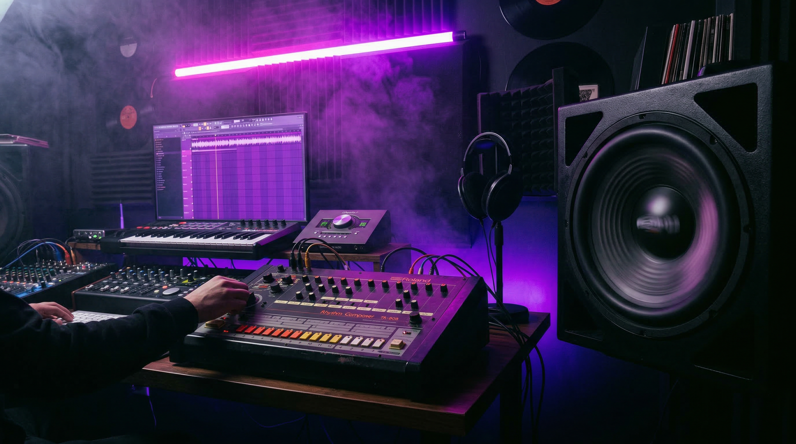 Dark studio with glowing 808 drum machine and purple neon lights representing modern trap music production