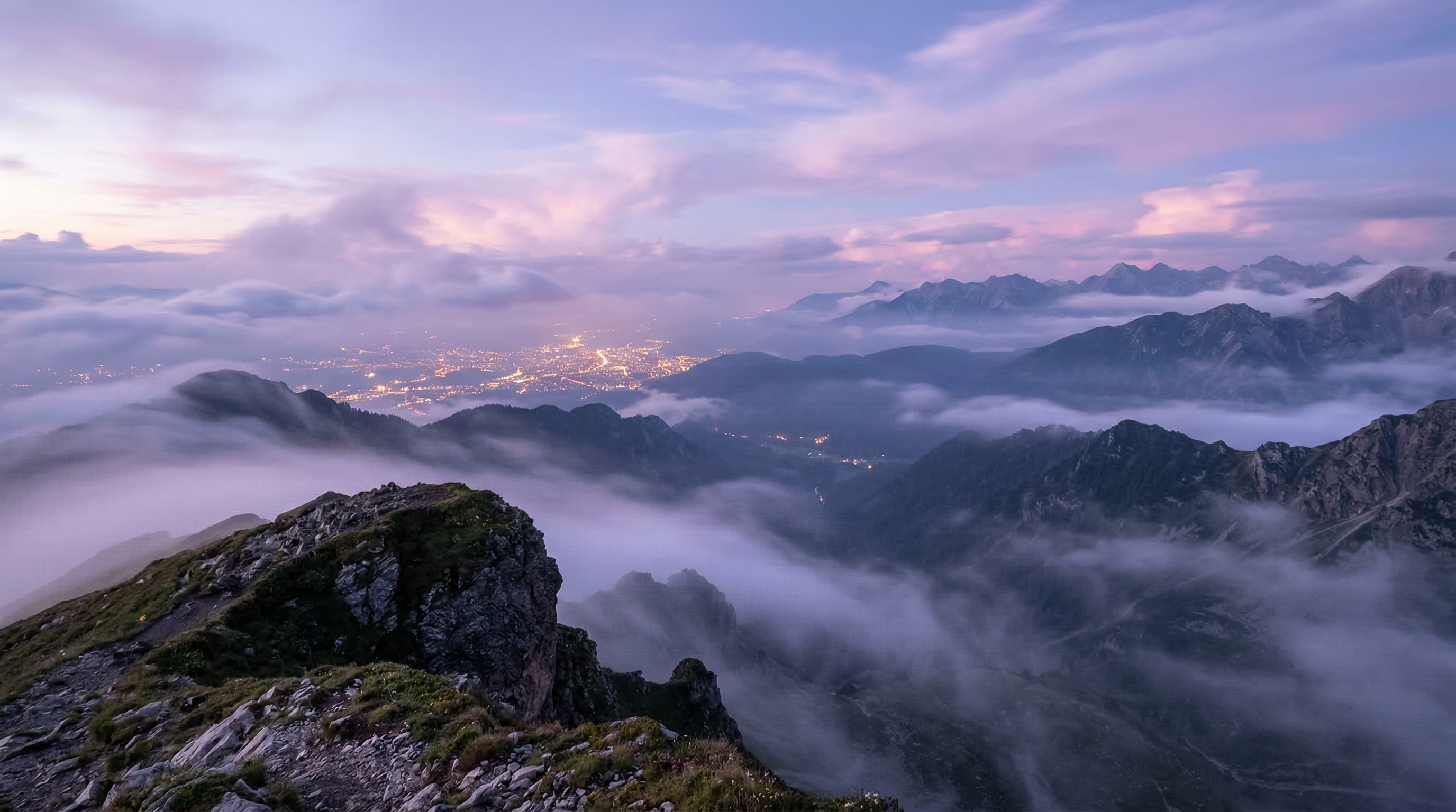 Ethereal misty landscape with soft purple and blue tones representing the dreamy atmosphere of cloud rap