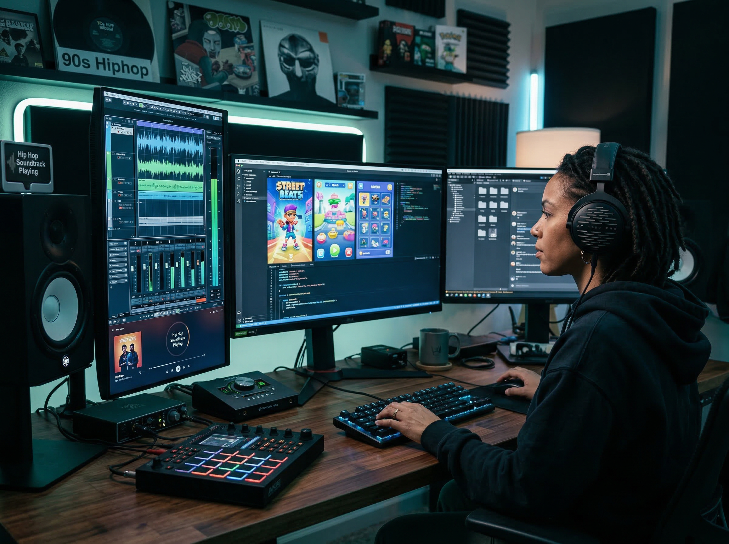 Mobile game developer testing a game with hip hop soundtrack playing through studio monitors