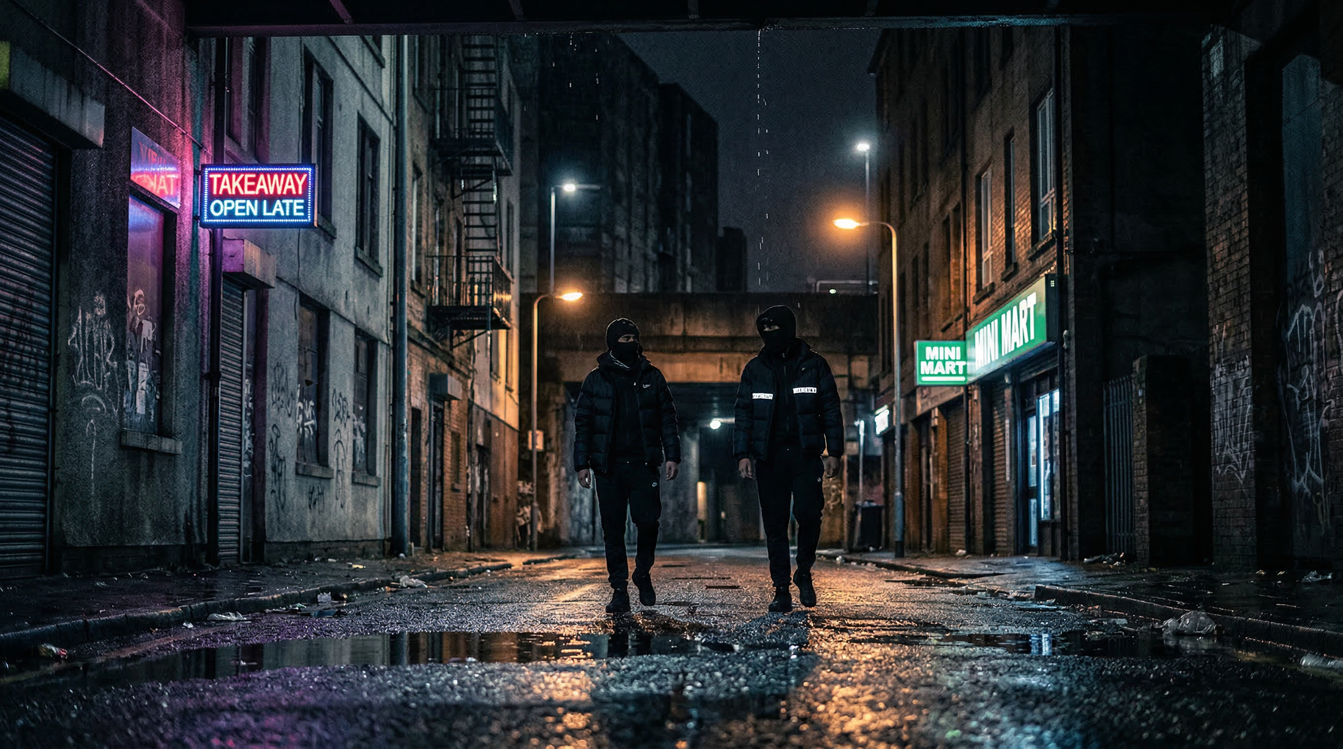 Gritty urban nightscape with rain-slicked streets and neon reflections representing the dark energy of drill music