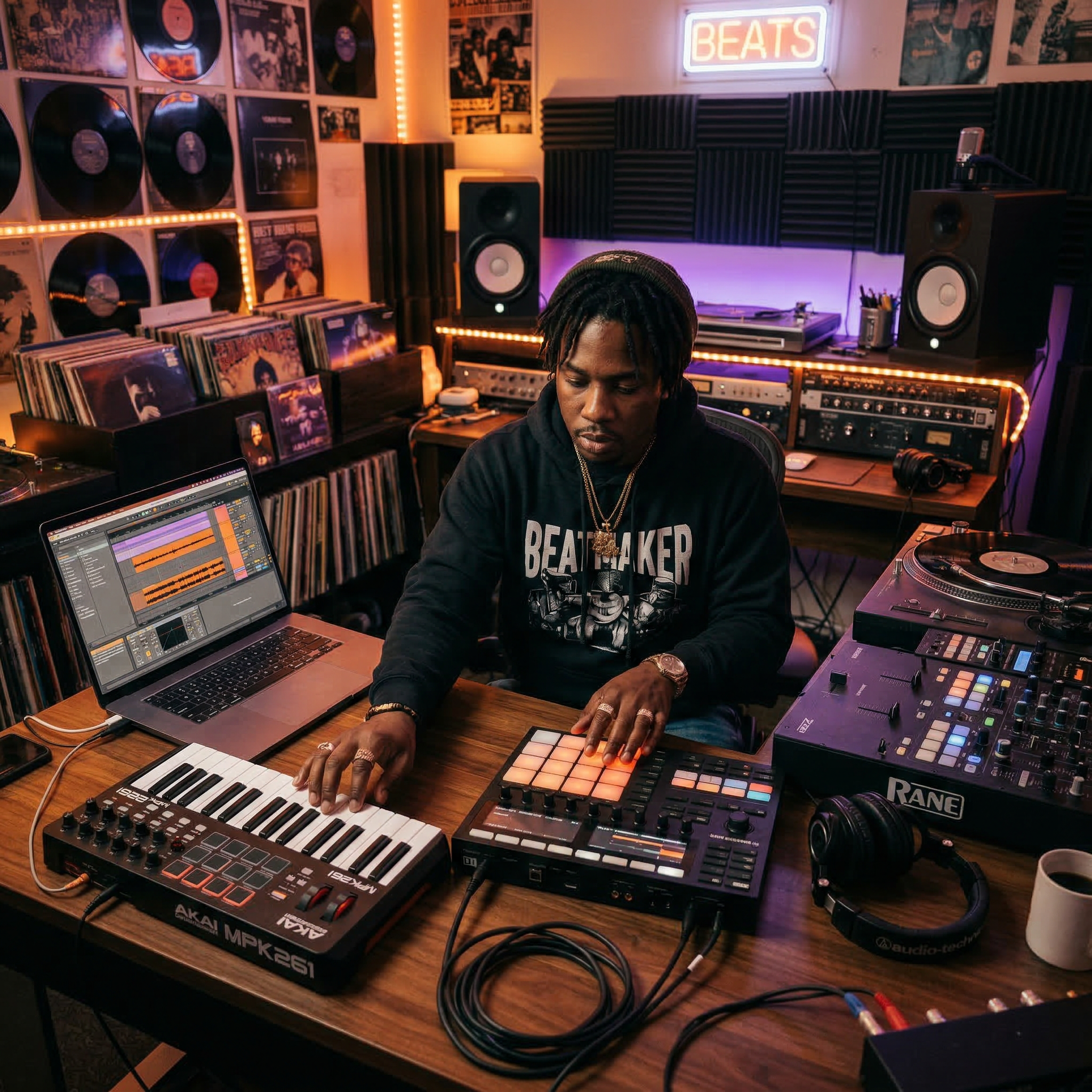 Hip hop producer working at a studio workstation with drum machine and turntables creating beats with MemoTune AI
