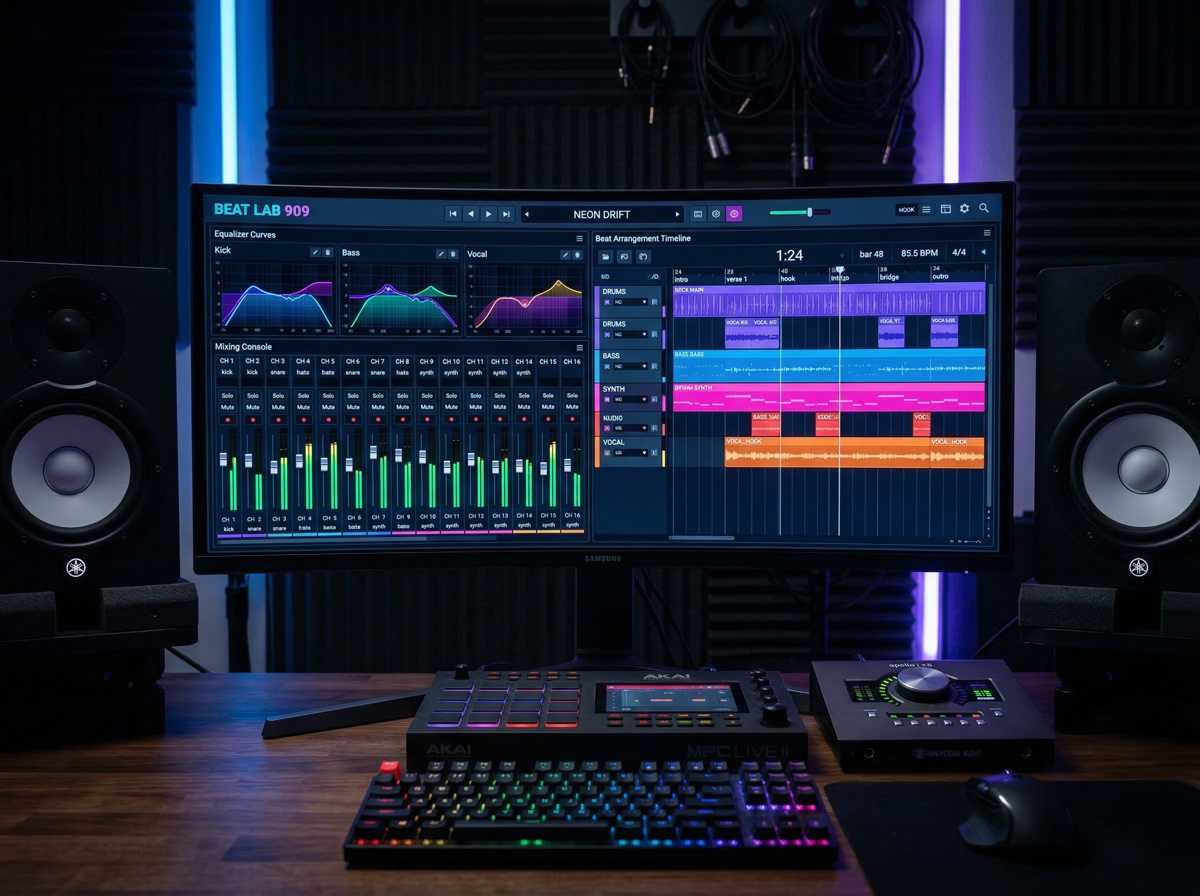 Music production interface showing sliders for tempo, bass, and mood controls for hip hop beat customization