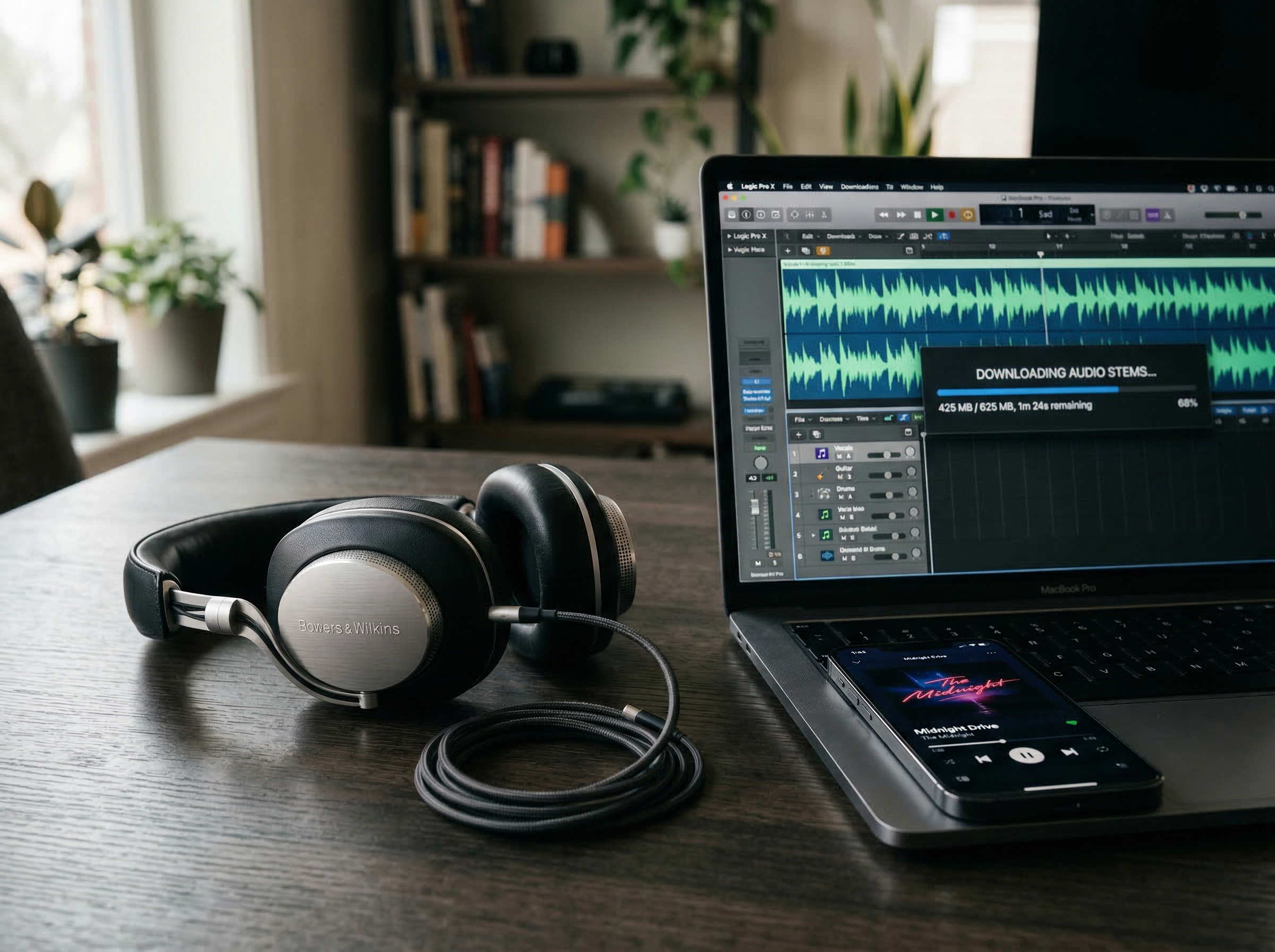 Headphones next to a laptop showing a download progress bar for an AI-generated hip hop track