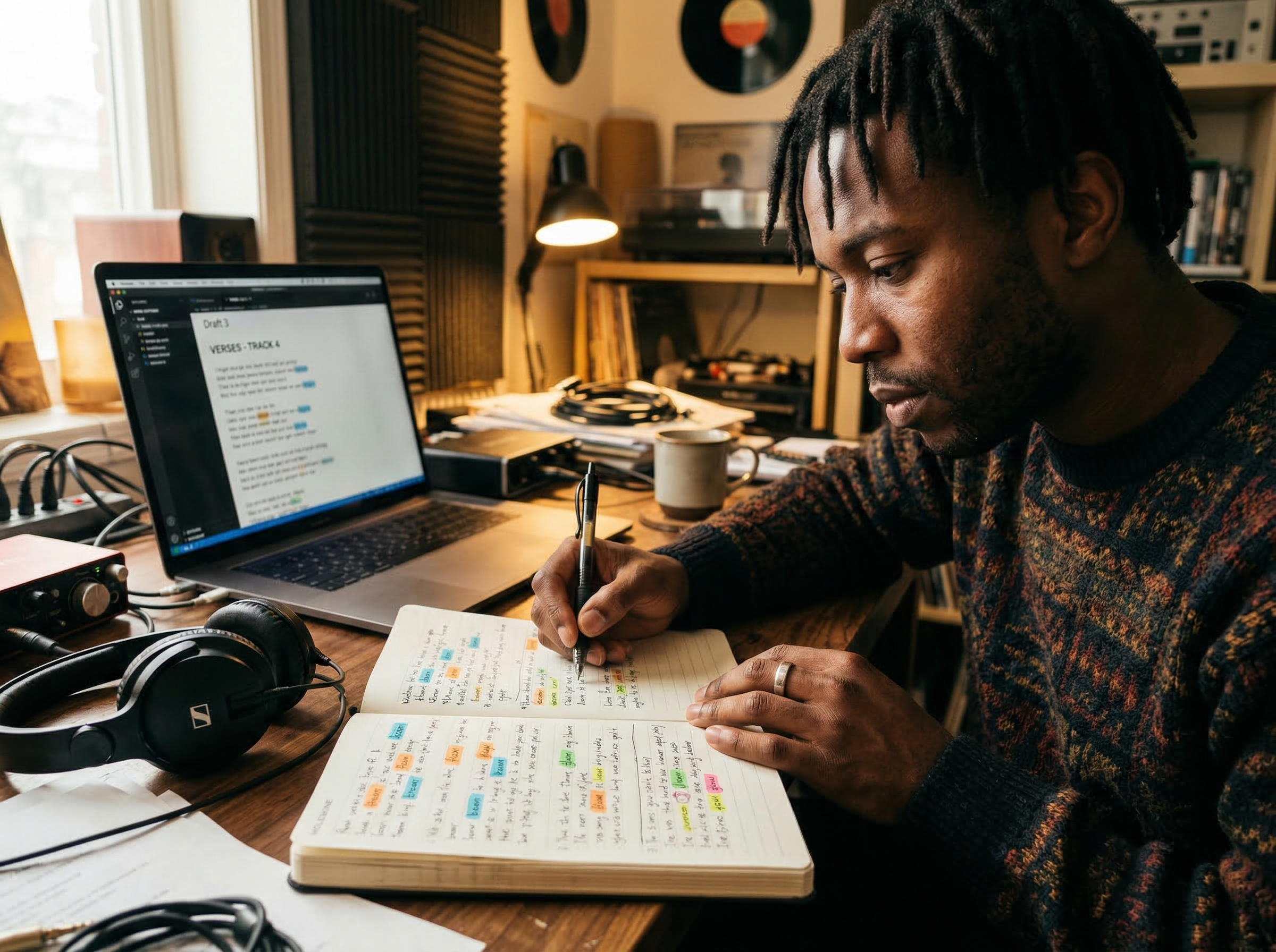 Songwriter reviewing AI-generated hip hop lyrics with rhyme scheme annotations on a notebook