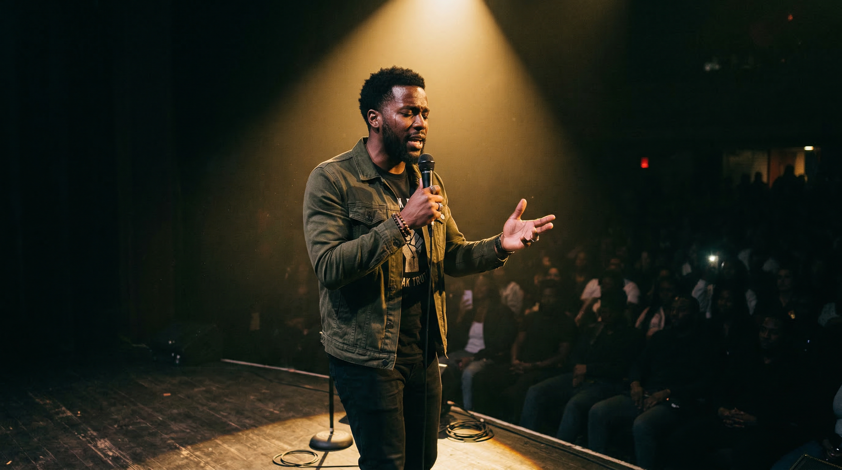 Rapper performing spoken word poetry under a single spotlight representing conscious hip hop storytelling