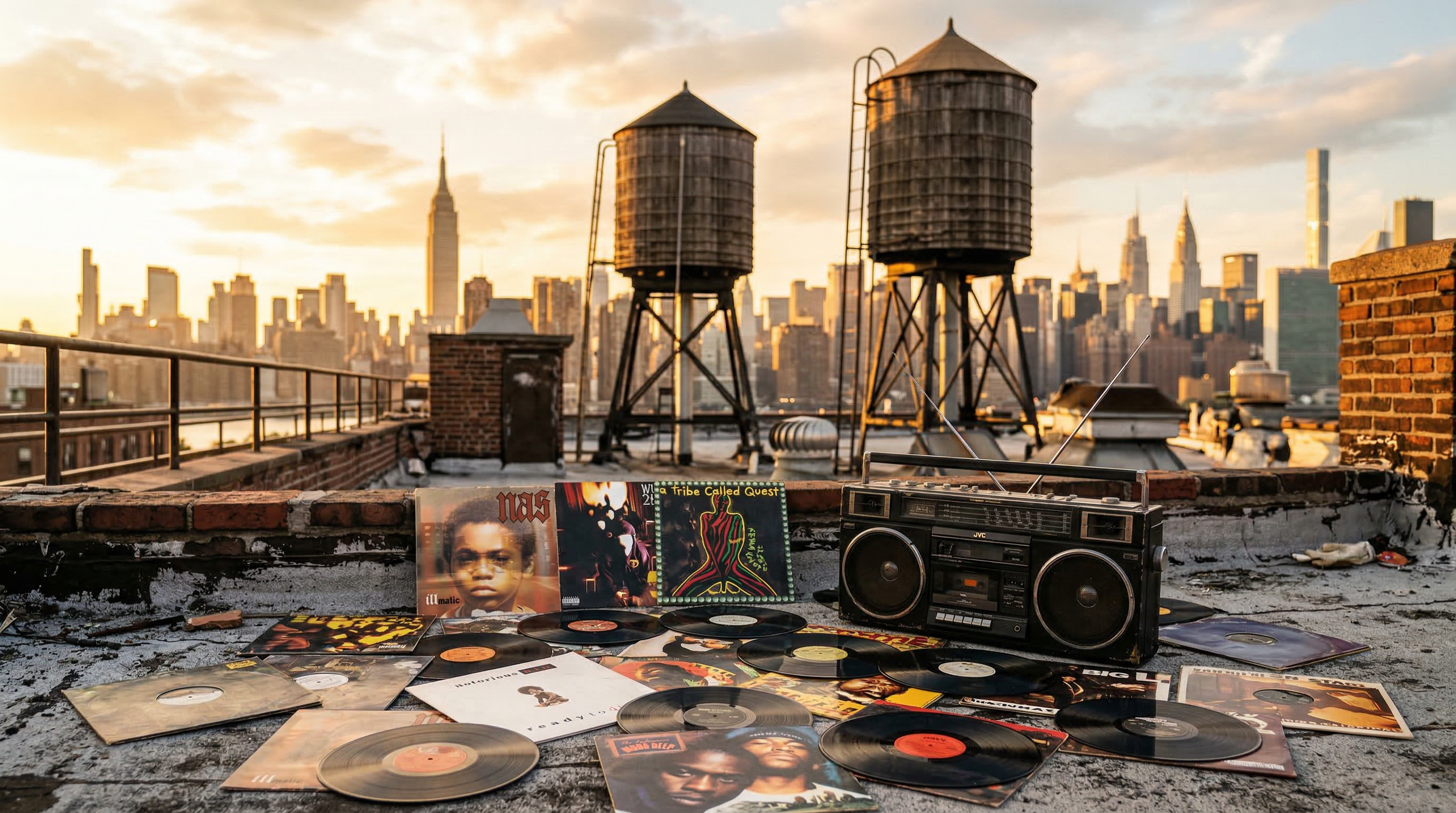 Vinyl records and vintage turntable on a New York rooftop at sunset representing classic boom bap hip hop