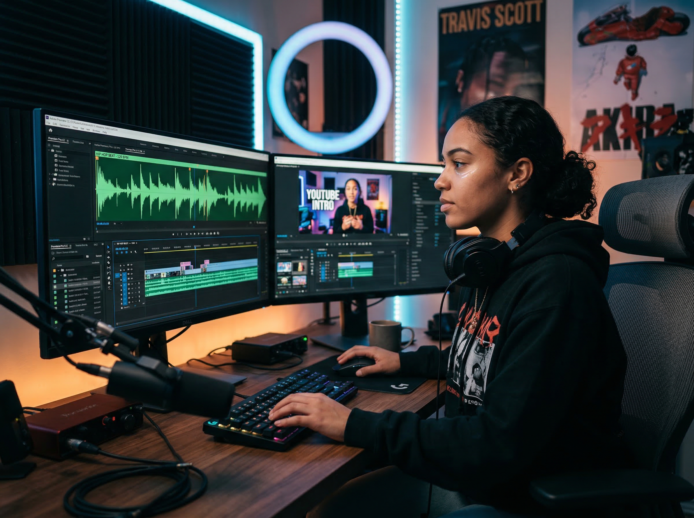 Content creator editing a YouTube video with custom AI-generated hip hop beat playing in the background