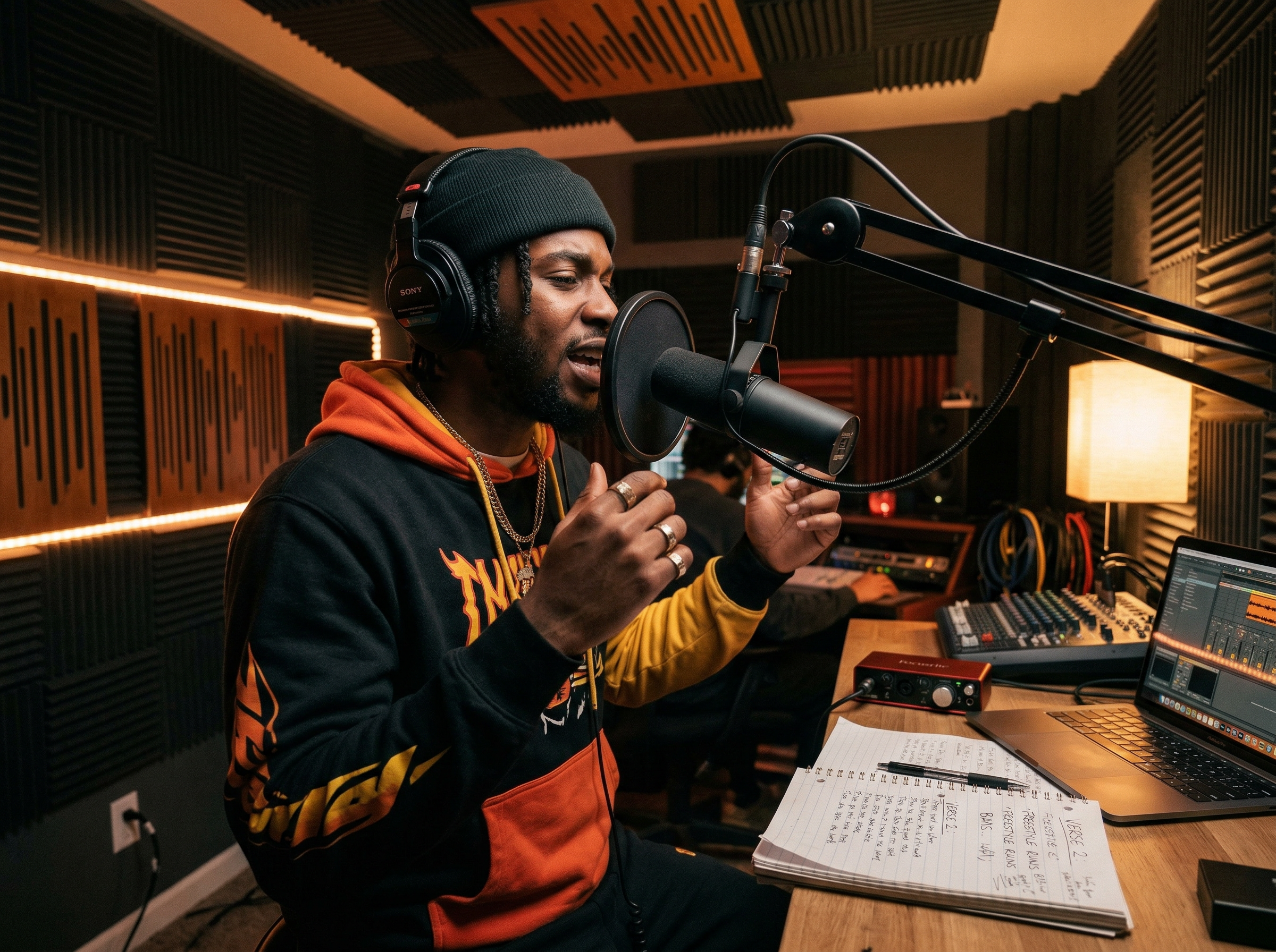 Young rapper recording freestyle vocals in a home studio over an AI-generated hip hop beat