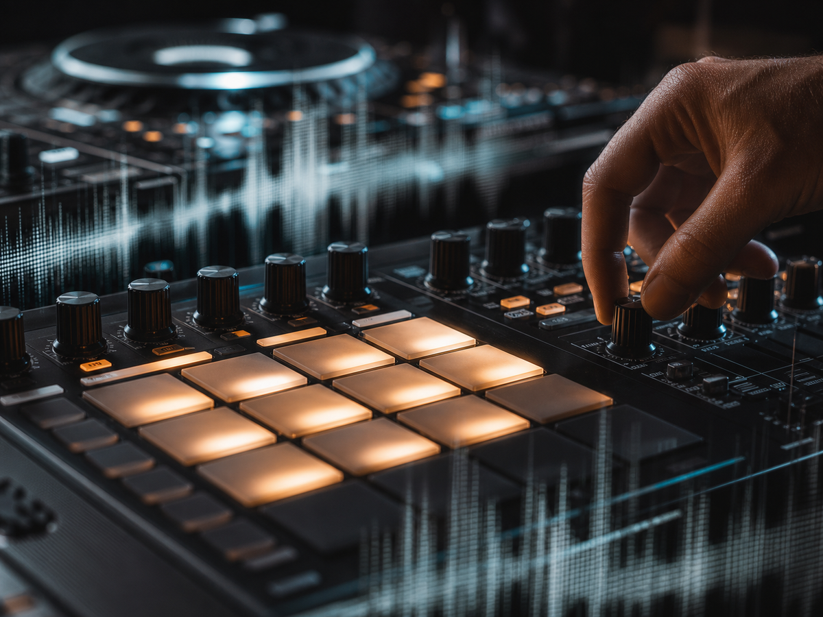 Close-up of a drum machine with glowing pads laying down a four-on-the-floor house beat