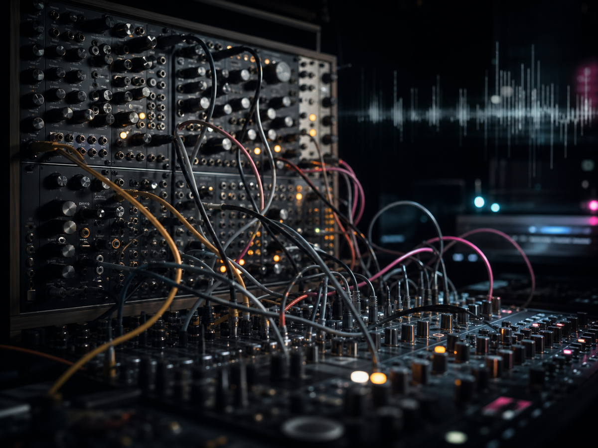 Modular synthesizer with glowing patch cables creating house sound-design textures in a dark studio