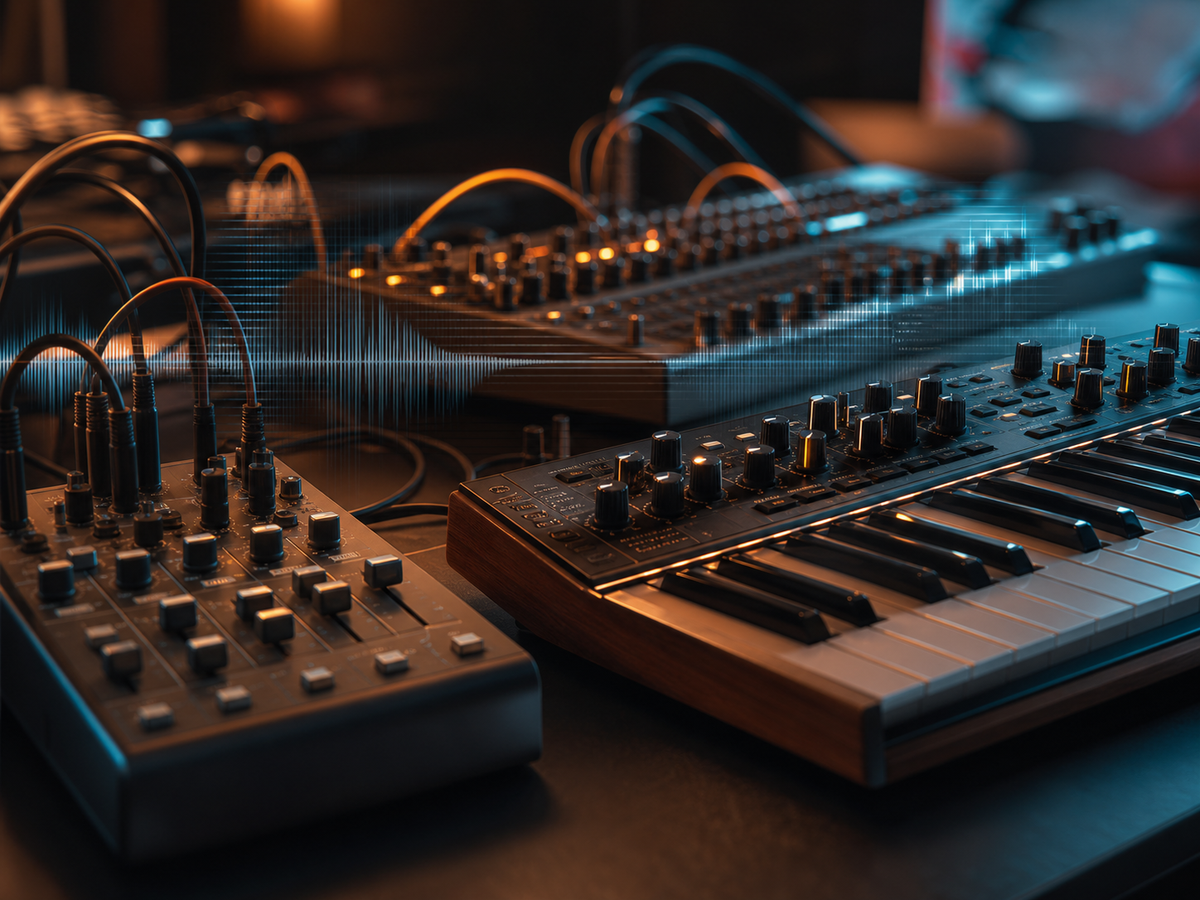 Synthesizer and mixer setup with warm chords and a rolling bassline visualized as glowing waveforms