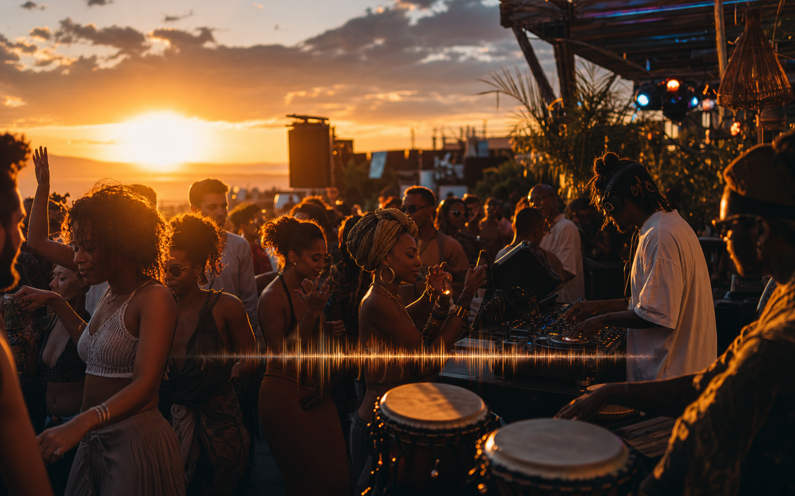 Open-air sunset dancefloor with a diverse crowd moving to the percussive groove of Afro house