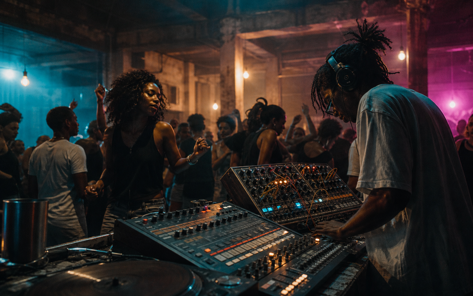 Retro 1980s warehouse party with vintage drum machines and a raw, energetic dancefloor