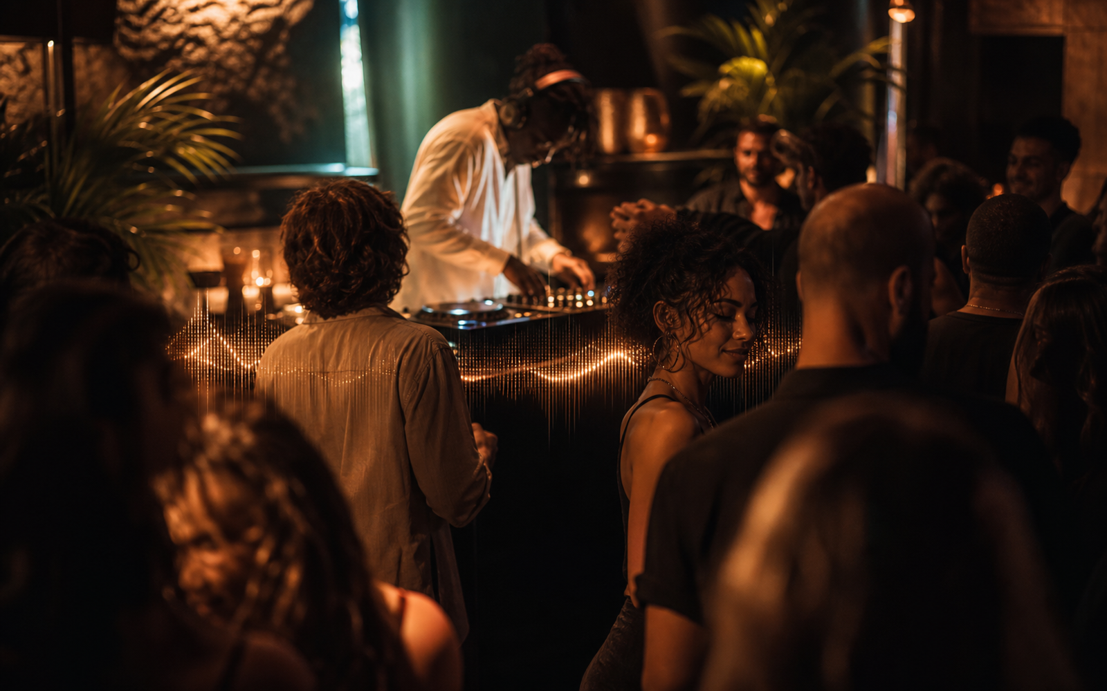 Dimly lit intimate club with warm amber lighting and a relaxed crowd swaying to deep house