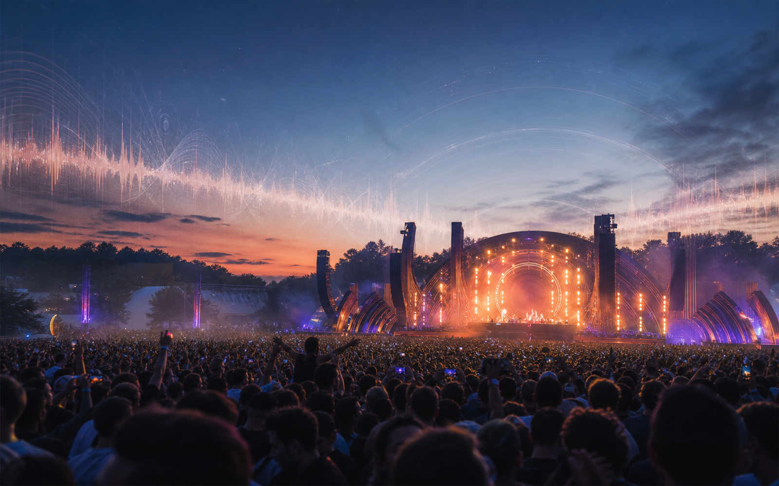 Outdoor festival at dusk with a massive crowd and a glowing main stage during a progressive house set