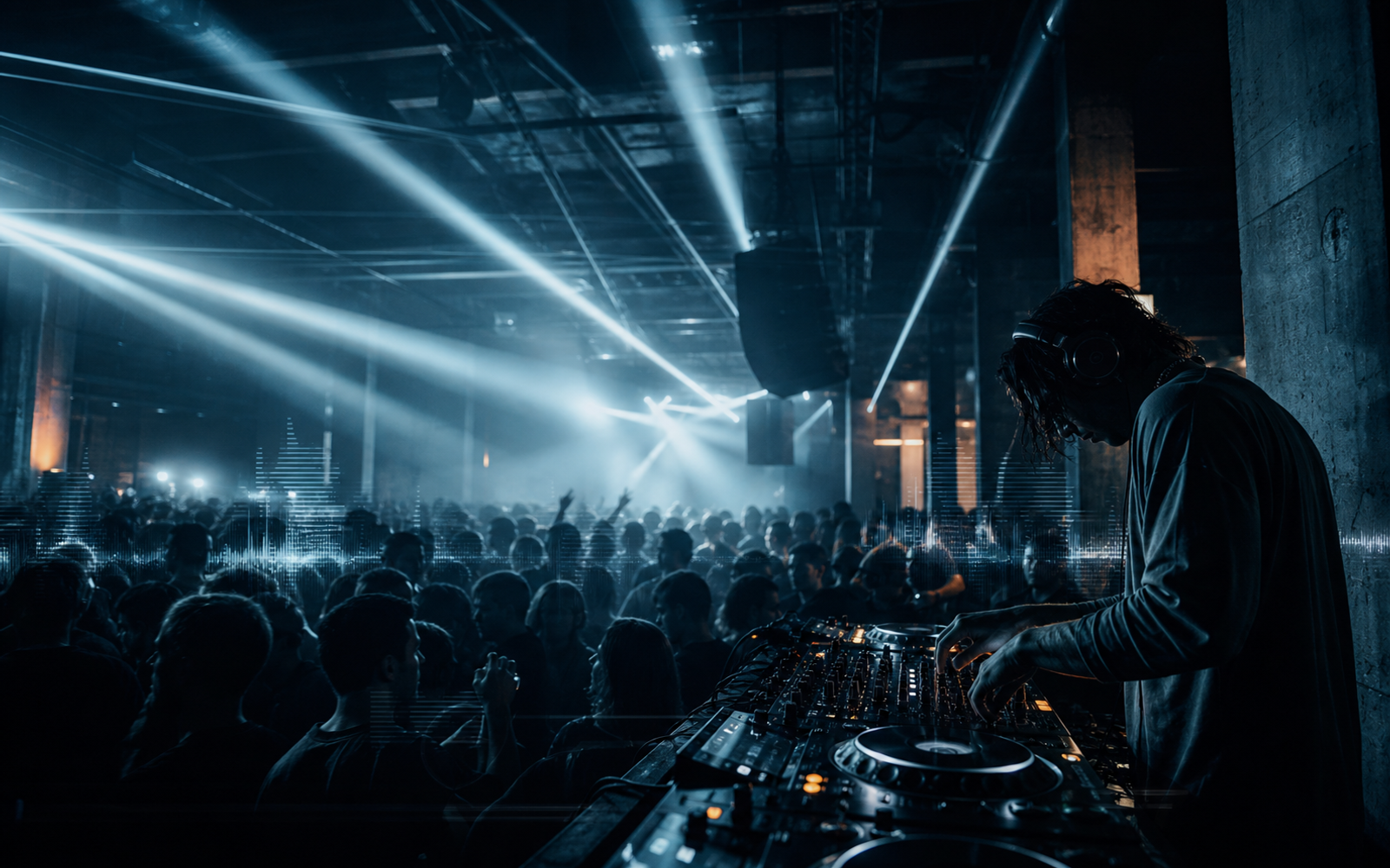 Packed warehouse club with strobe lighting and a DJ driving a tech house set