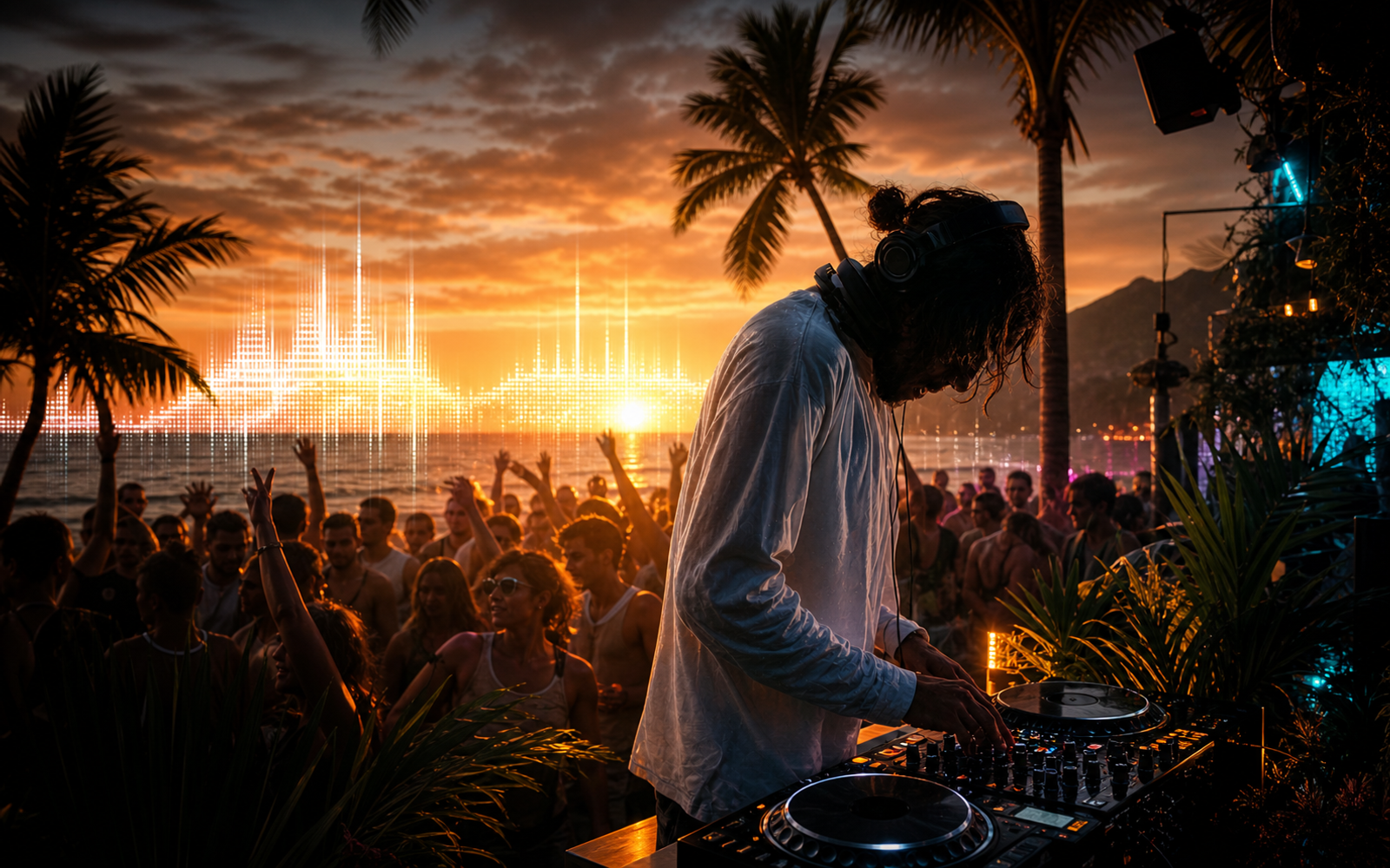 Sunny beach party at golden hour with palm trees and a crowd dancing to tropical house
