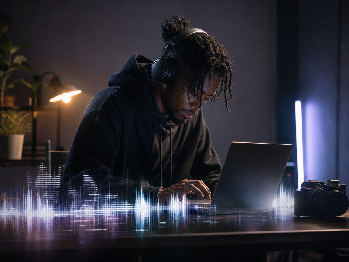 Content creator editing a lifestyle reel with a house music waveform visible on the screen