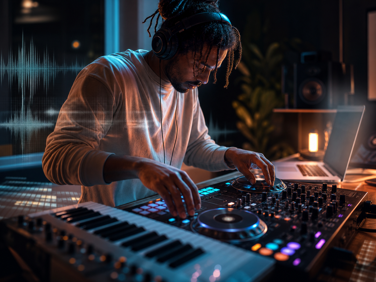Producer at a home studio with a DJ controller and laptop sketching a house track