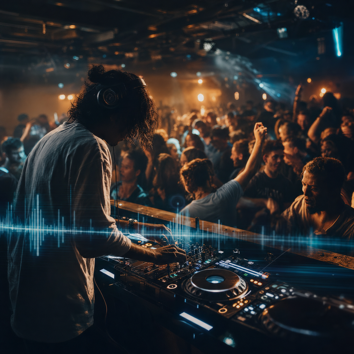 Crowded nightclub at night with a DJ behind decks, warm lighting and a packed dancefloor moving to house music