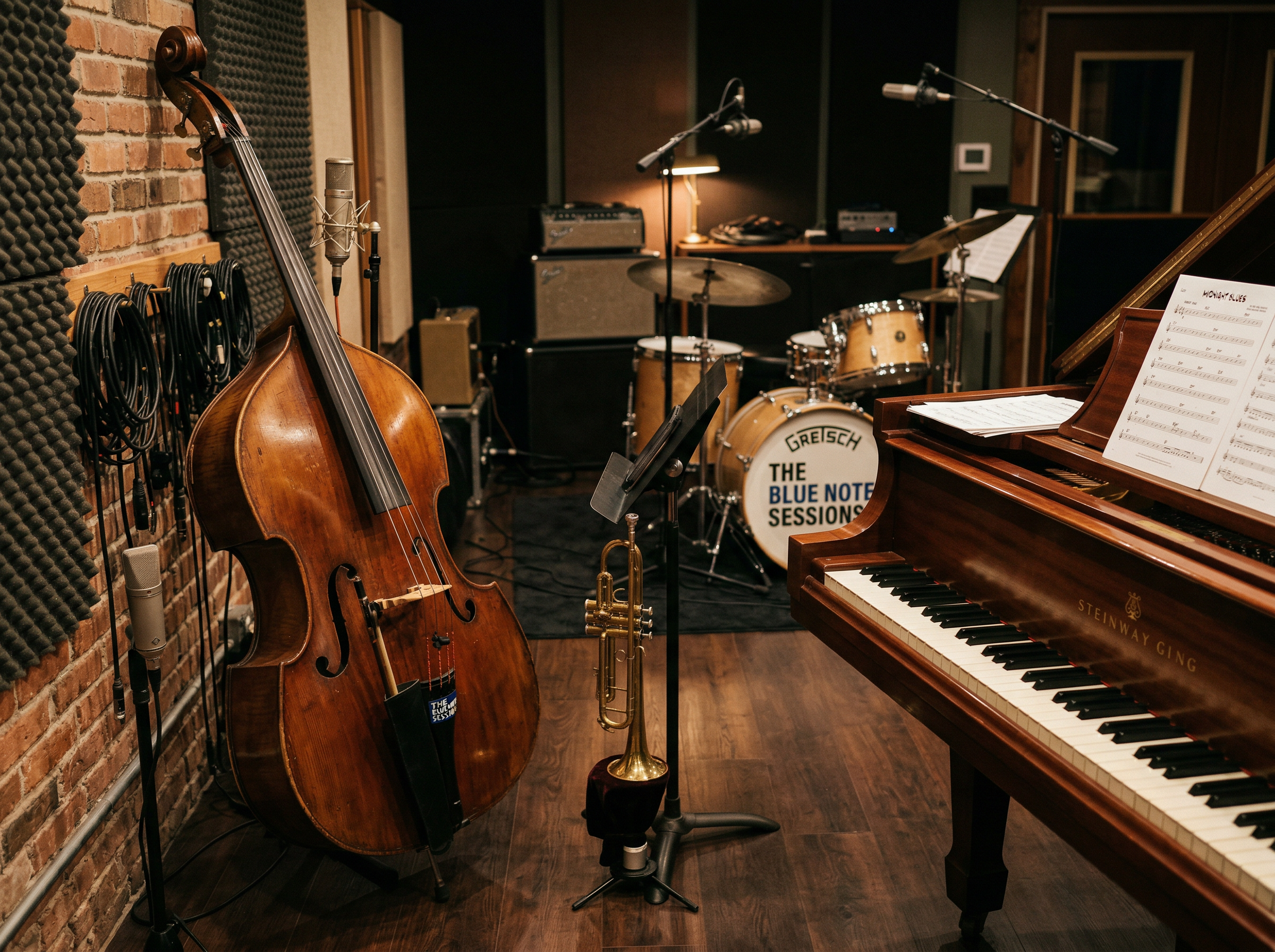 Jazz ensemble instruments arranged together — upright bass, trumpet, piano keys, and drum kit in a studio space