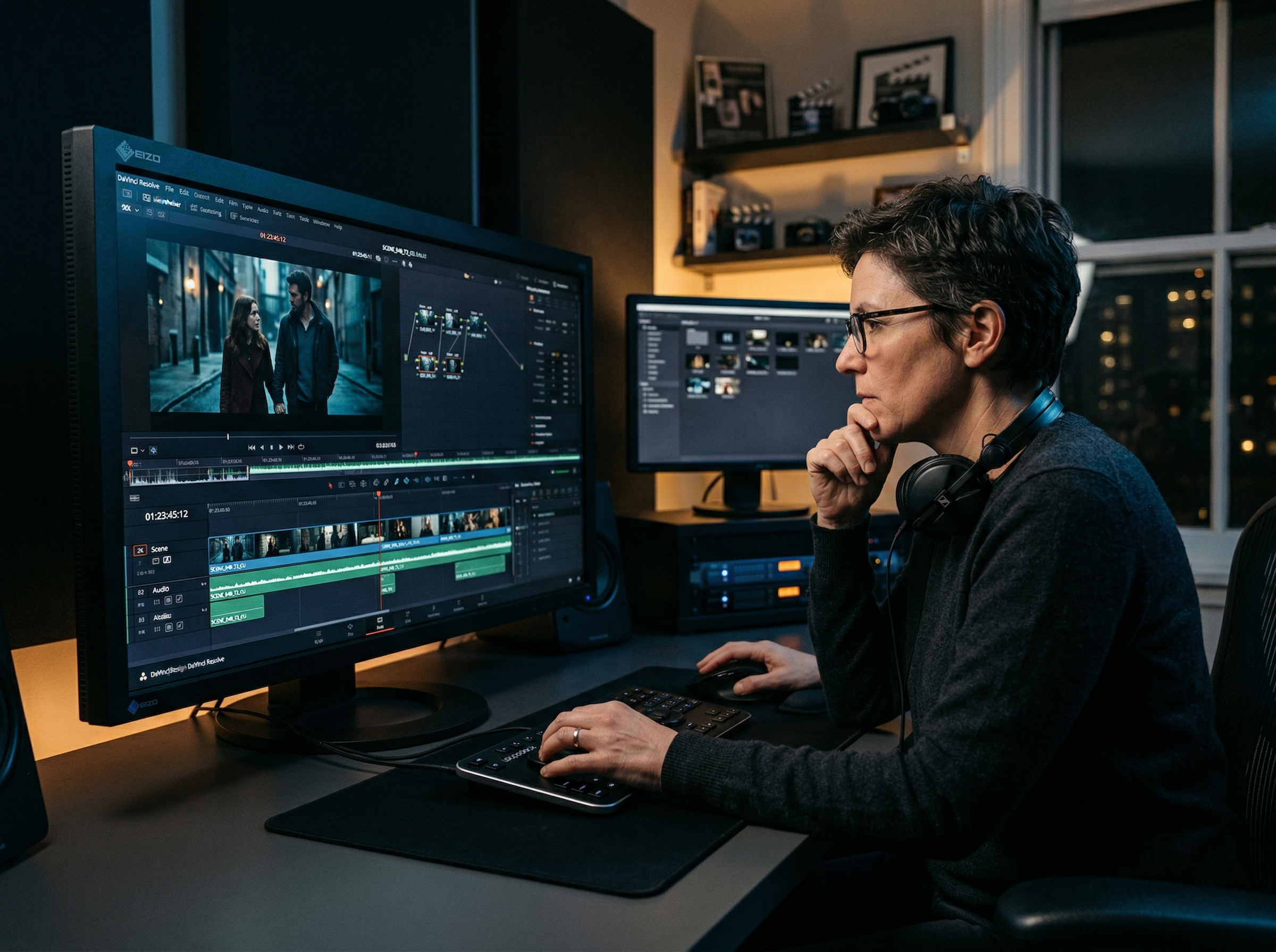 Film director reviewing footage on a monitor in a dark editing suite with headphones around their neck