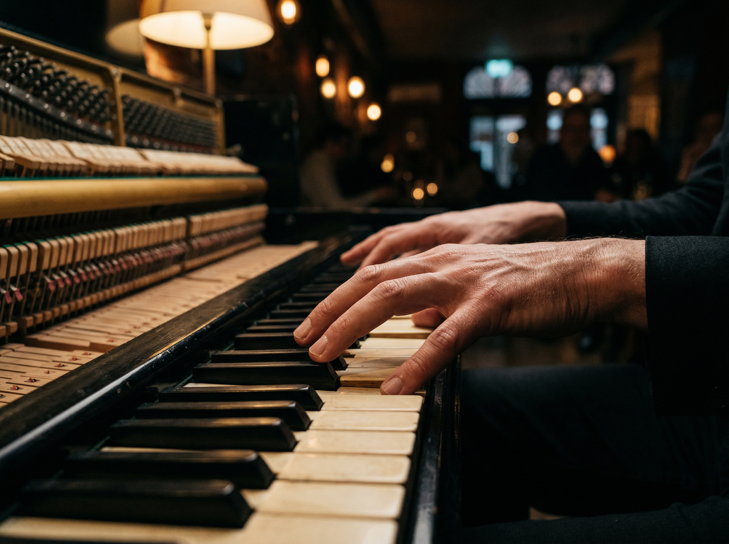 Close-up of a pianist's hands playing extended jazz chord voicings on a grand piano keyboard