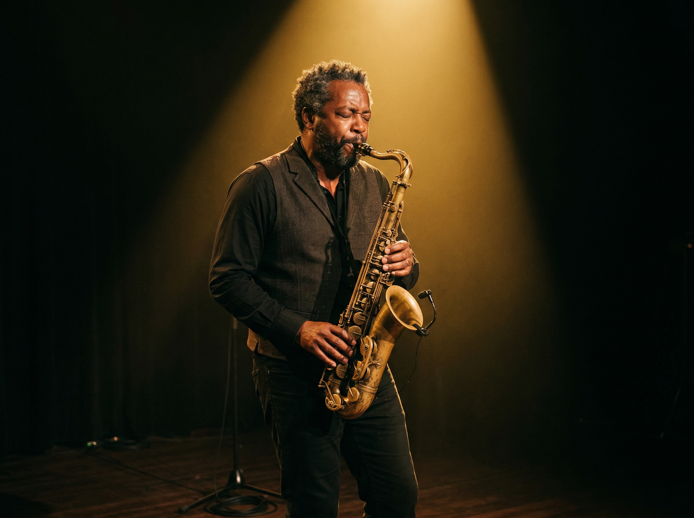 Jazz saxophonist improvising a solo on stage with eyes closed, captured mid-phrase under a single spotlight