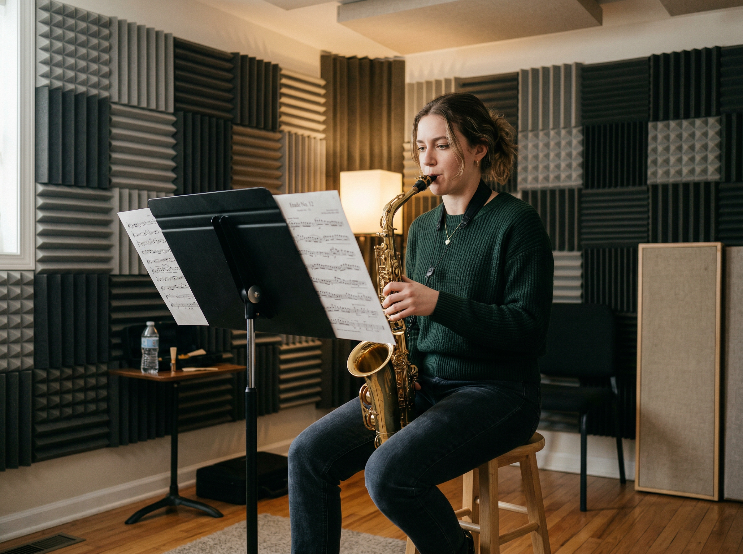 Music student practicing saxophone in a practice room with sheet music on a stand and acoustic tiles on the walls