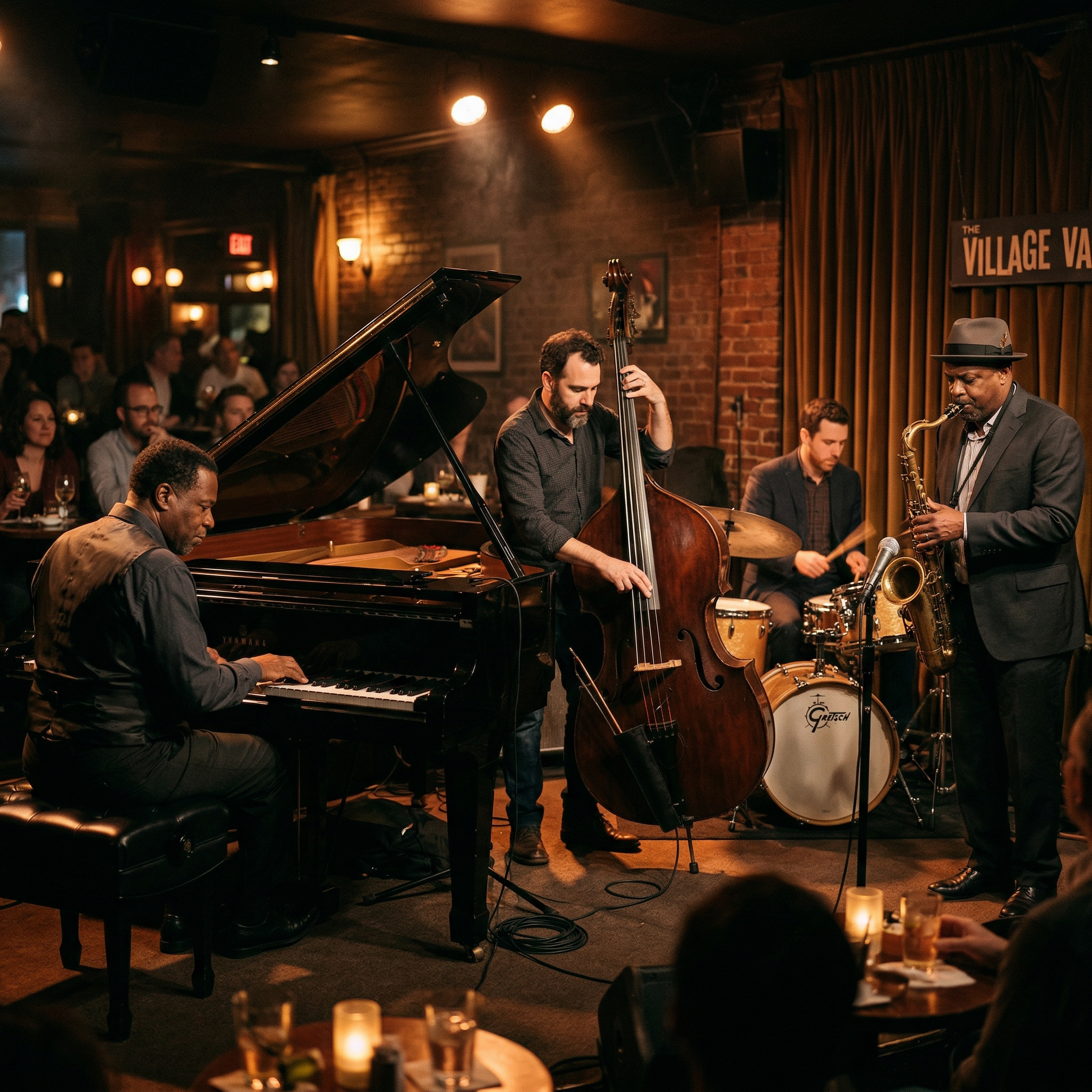 Jazz quartet performing in a dimly lit club — pianist, upright bassist, drummer, and saxophonist — captured in warm amber light