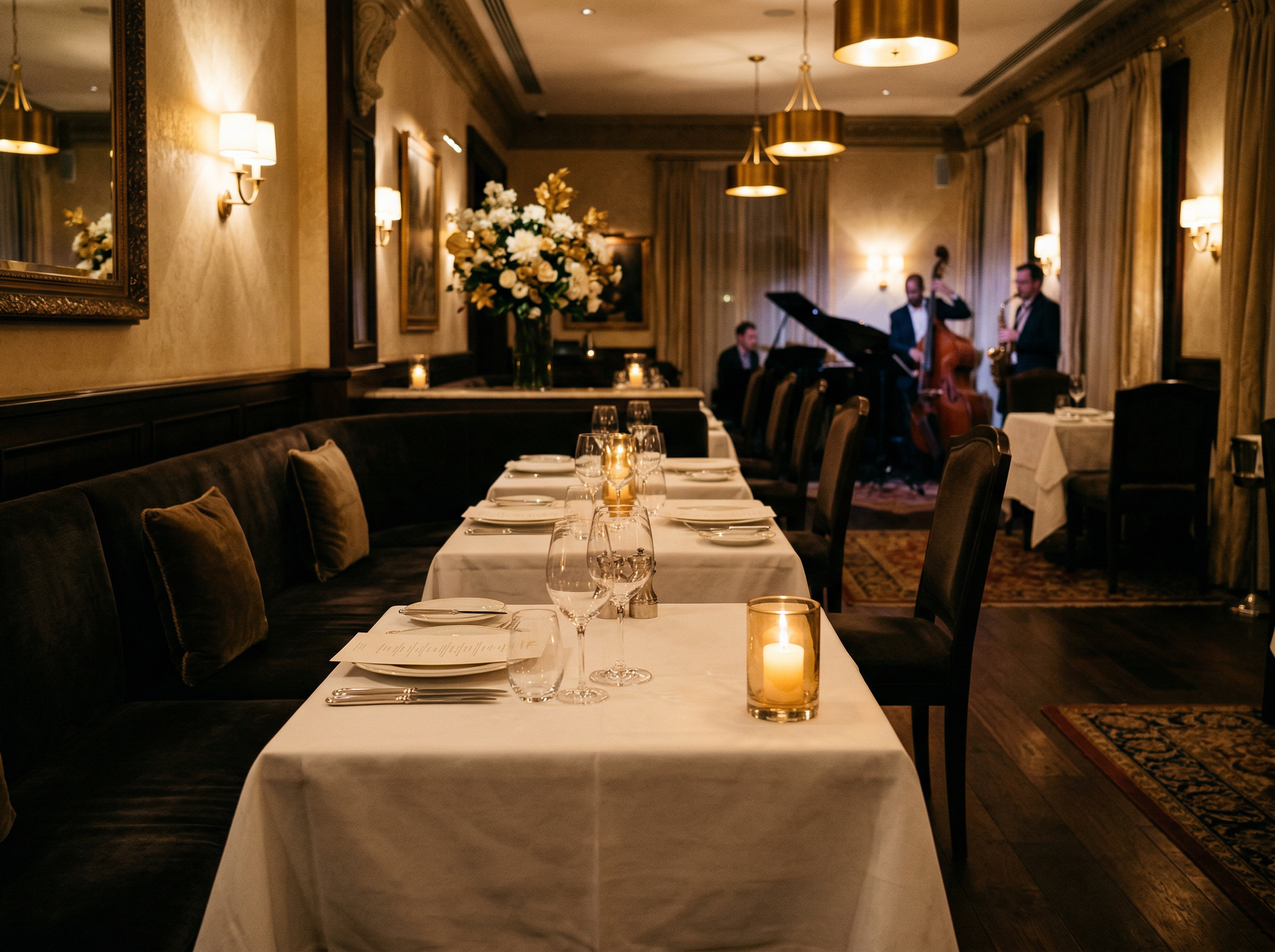 Elegant restaurant interior with warm candlelight and soft jazz atmosphere — empty tables set for dinner service