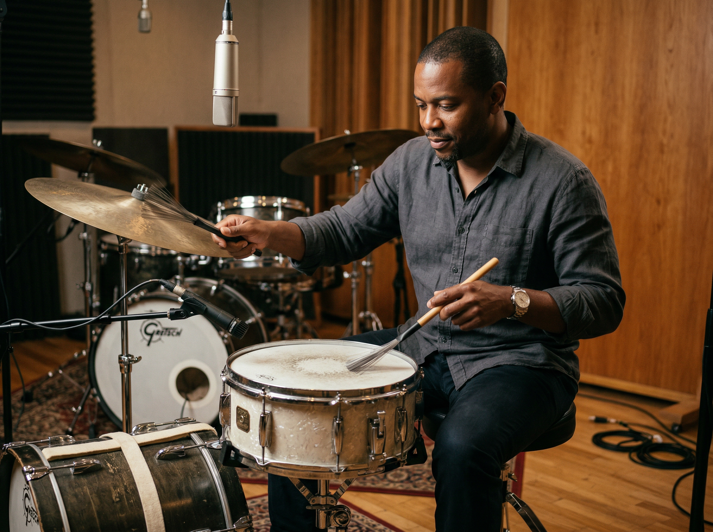 Jazz drummer playing brushed snare drum with a relaxed swing groove in a recording studio setting