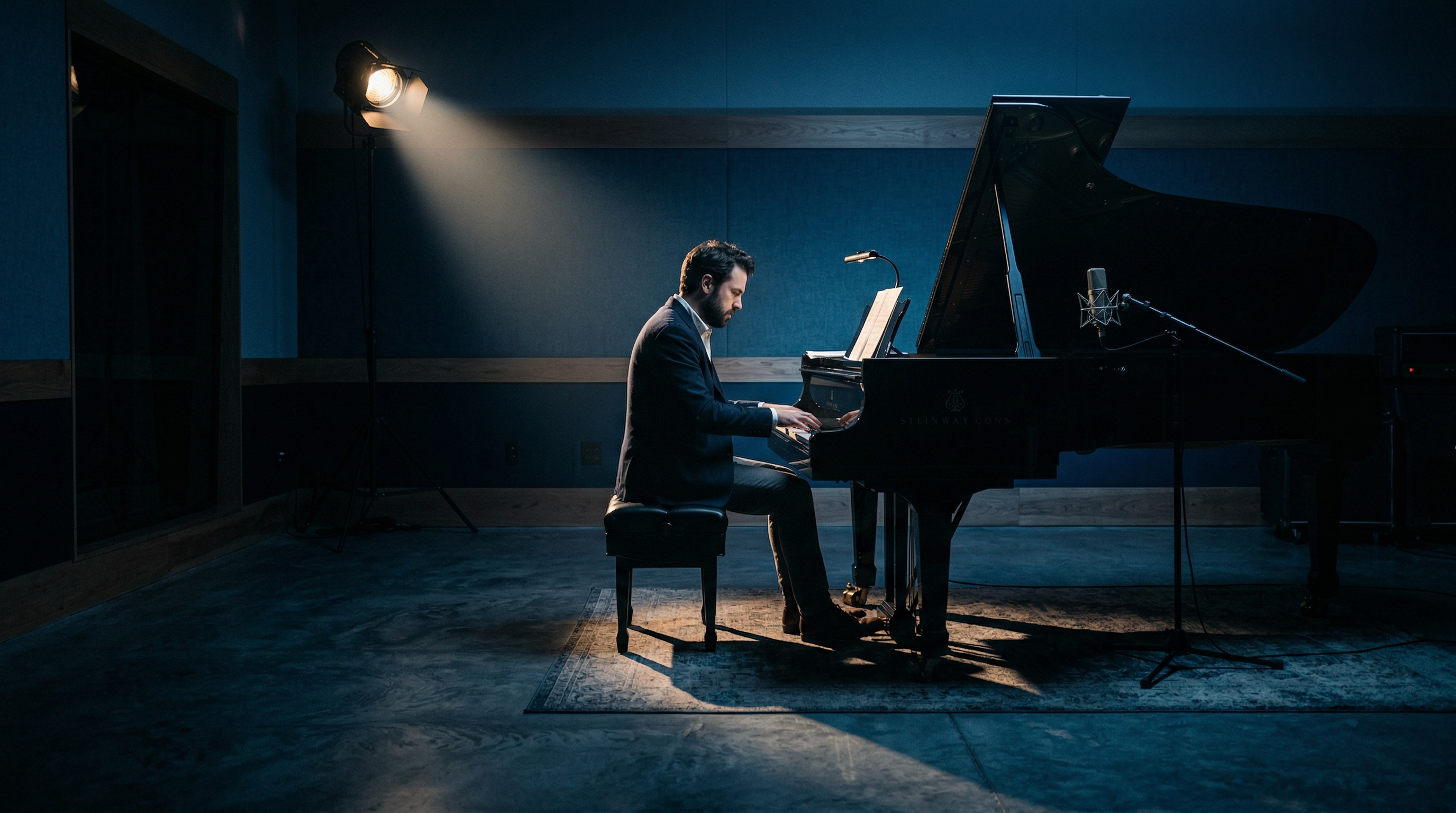 Minimalist jazz studio with a single spotlight illuminating a pianist at a grand piano, cool blue ambient light