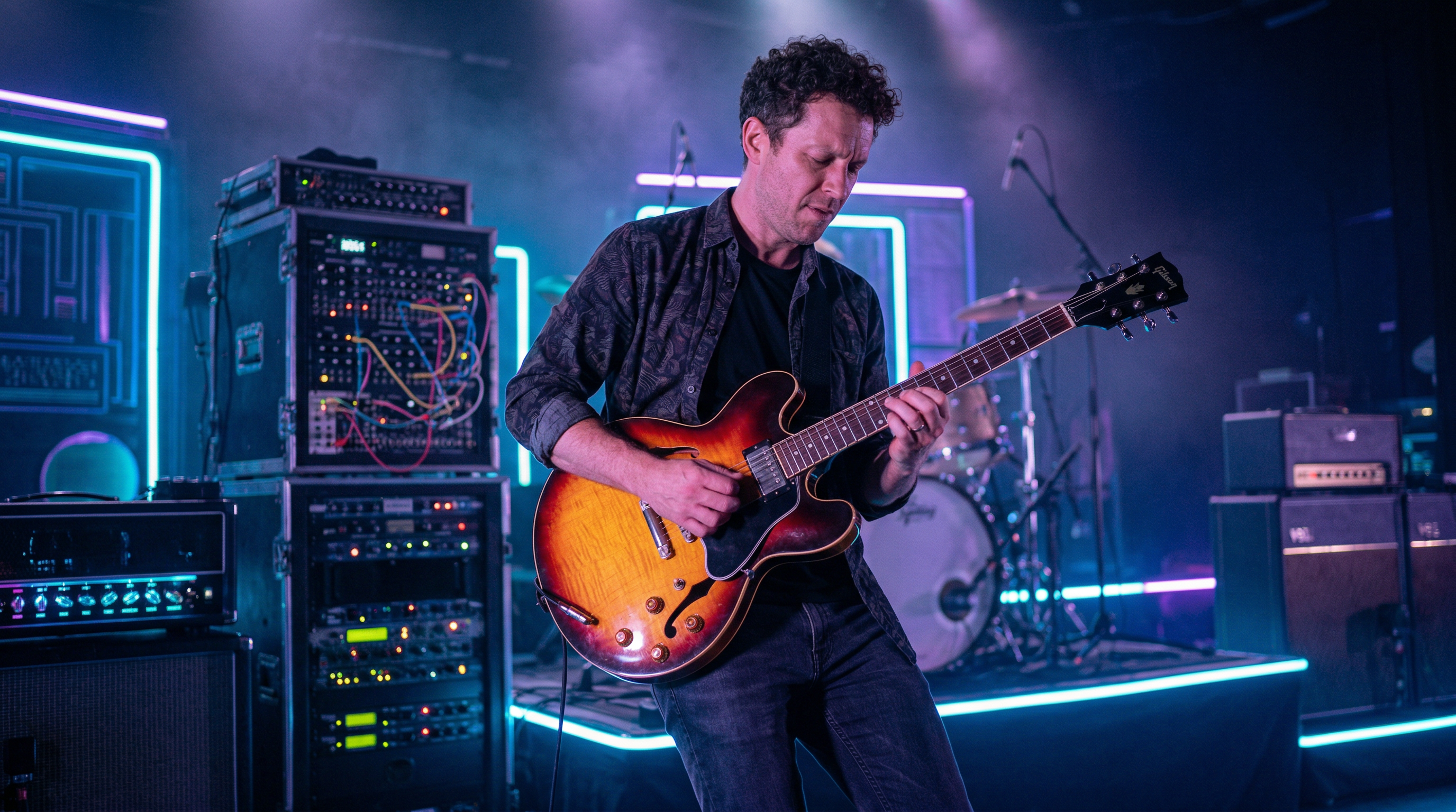 Electric jazz guitarist performing on a neon-lit stage with synthesizer racks visible in the background