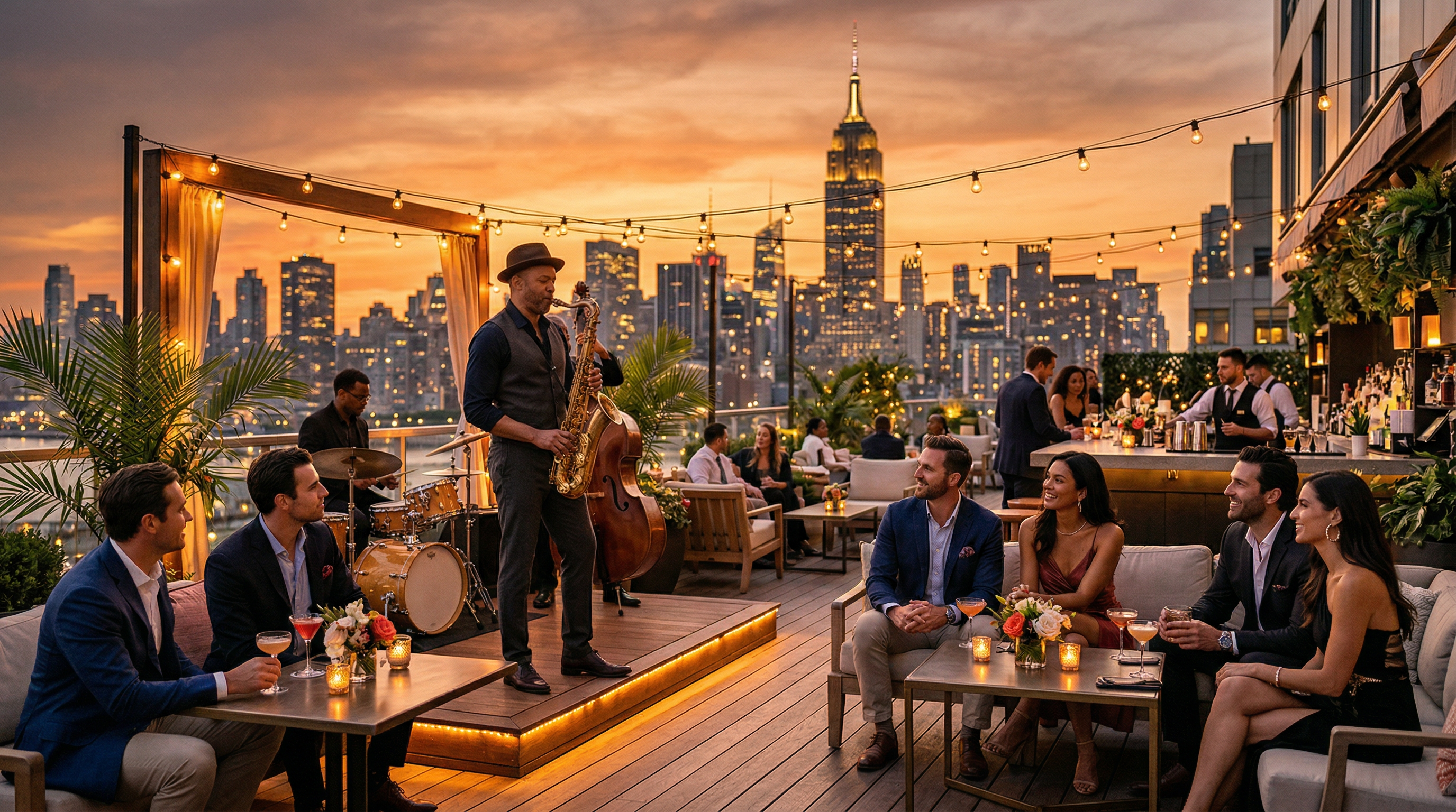 Rooftop lounge at golden hour with a live jazz musician playing saxophone for seated guests