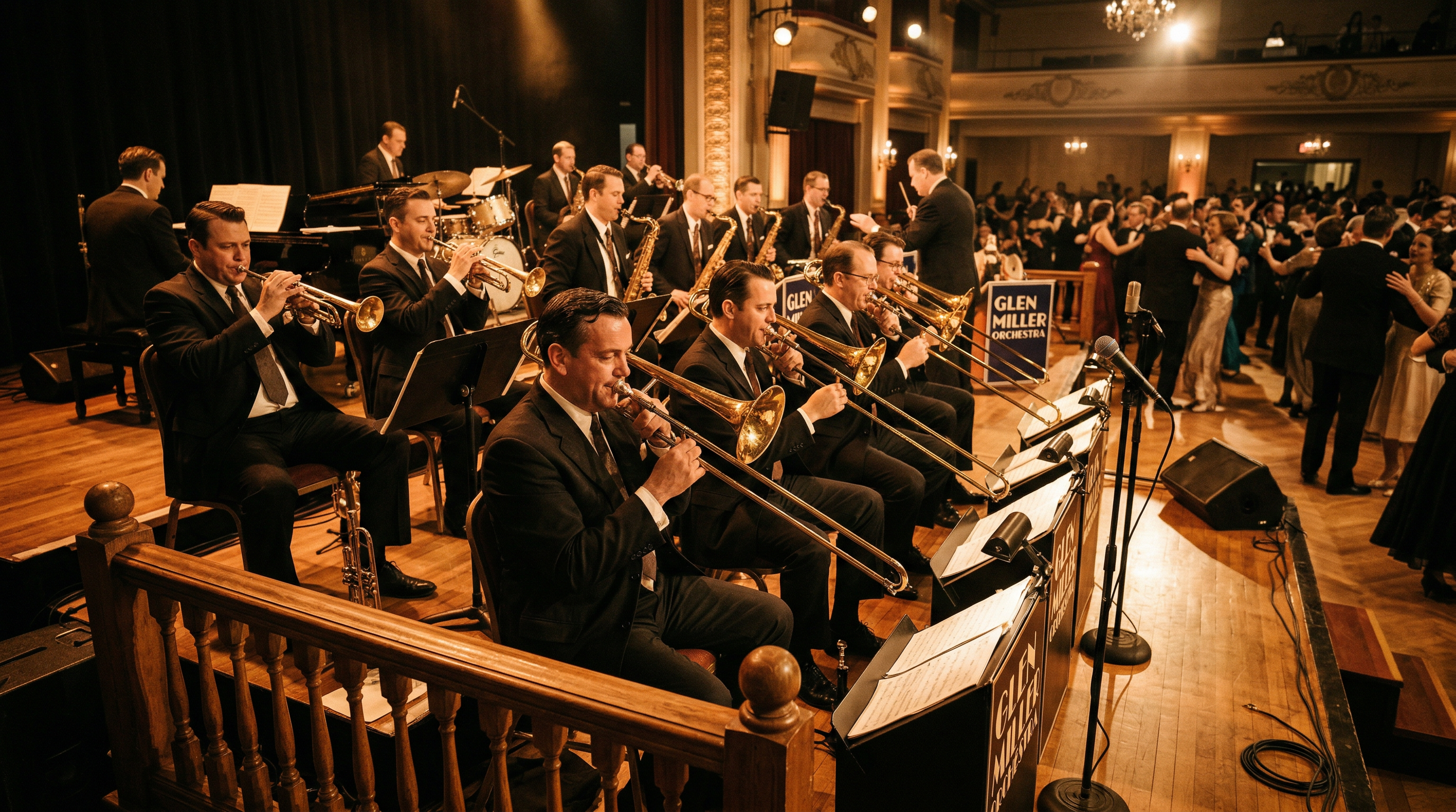 Black and white era jazz big band performing on a dance hall stage with brass section in the foreground