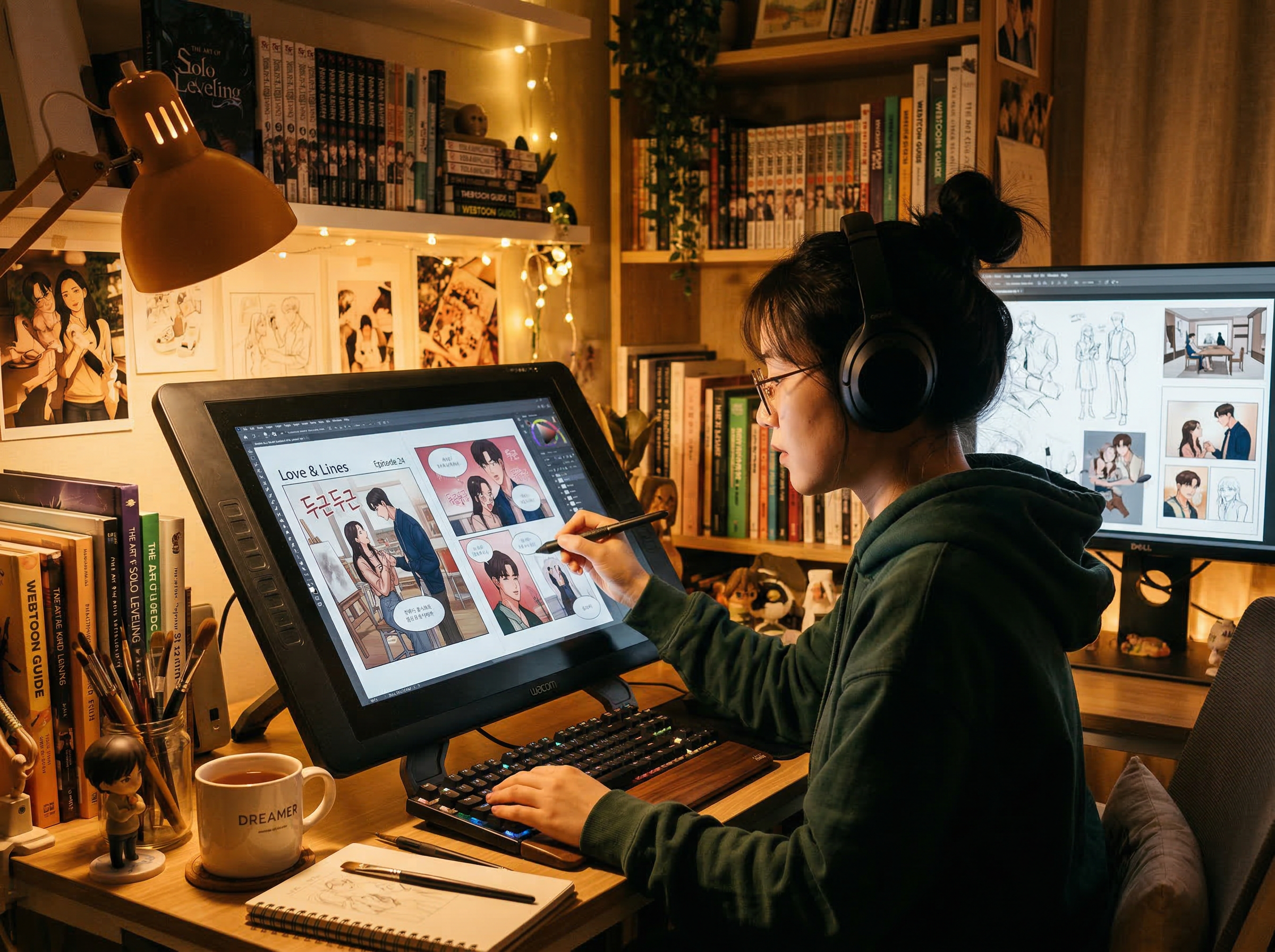 Animator working on a webtoon scene with K-drama soundtrack playing on headphones at a creative desk