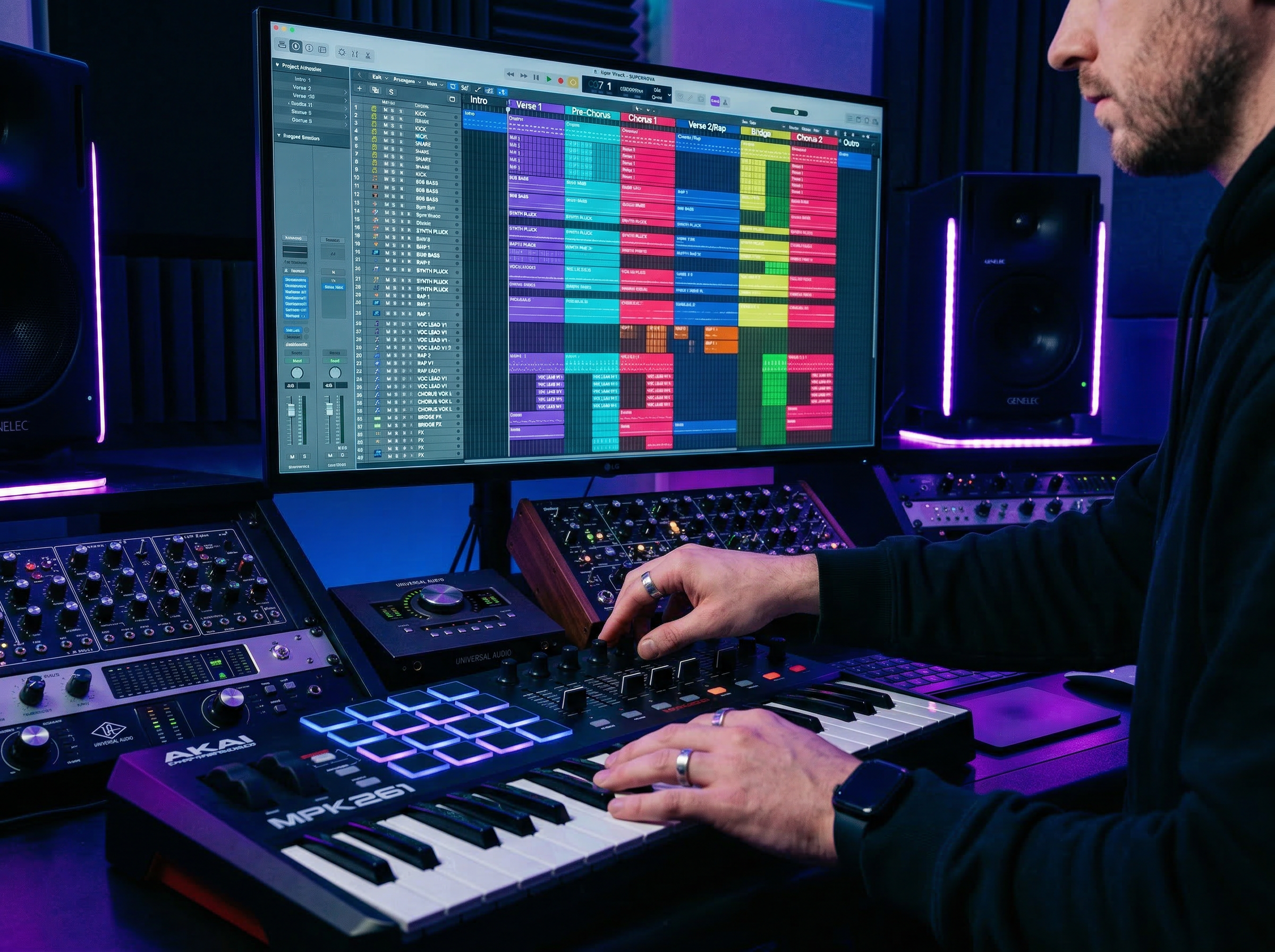 Digital audio workstation showing a K-pop track arrangement with multiple genre sections color-coded