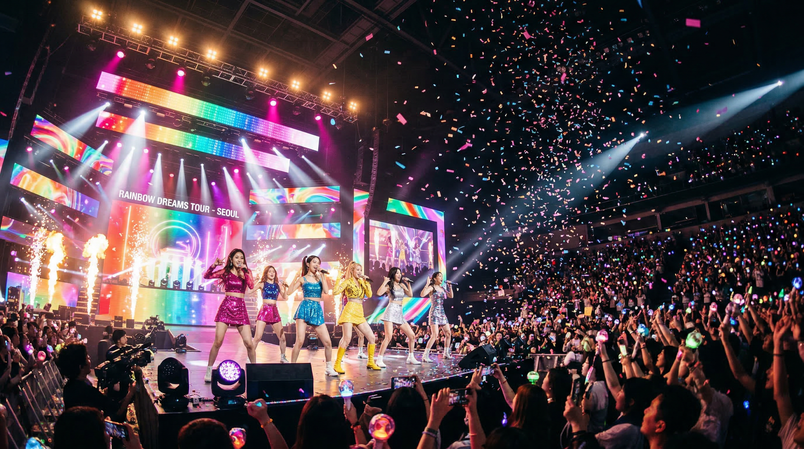 Colorful K-pop stage with bright LED lighting and energetic performance atmosphere