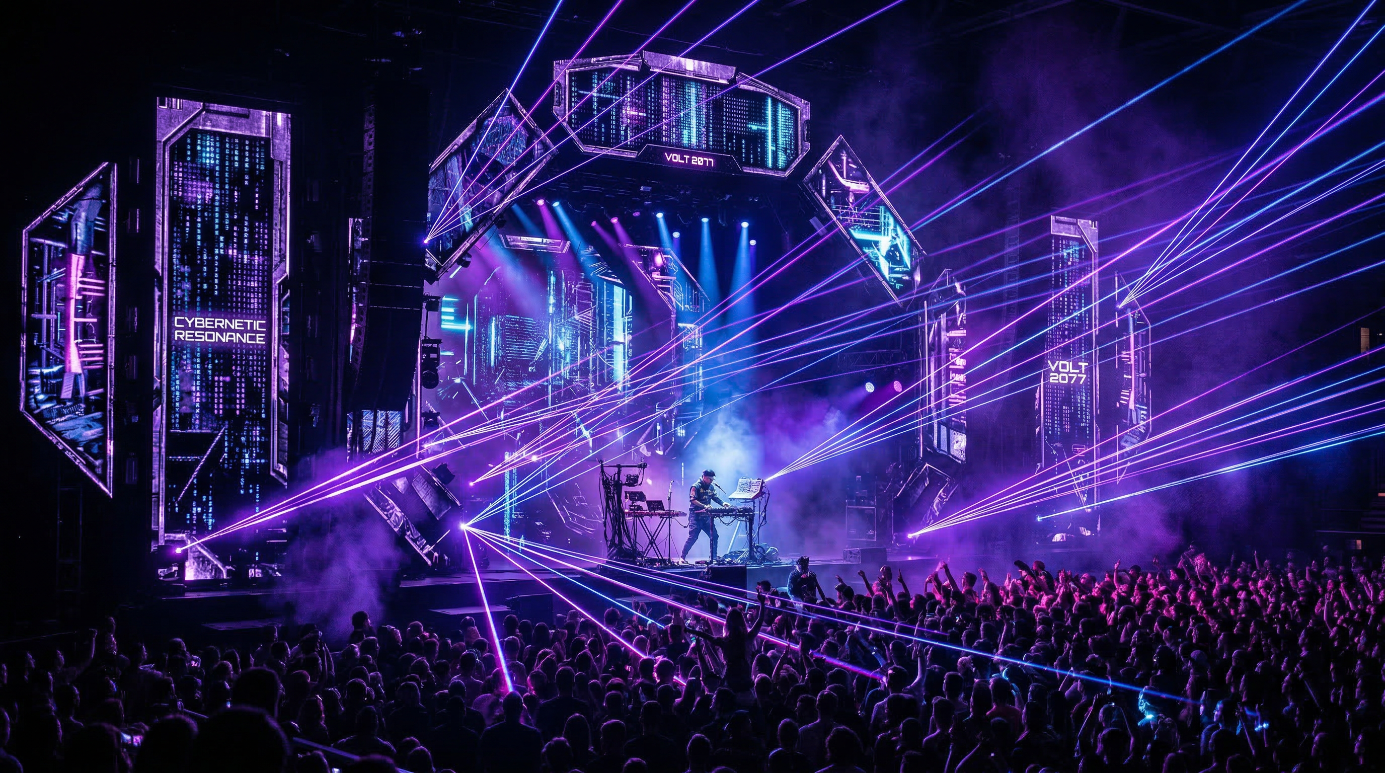 Dark futuristic stage with neon purple and blue lighting, fog effects, and cinematic atmosphere