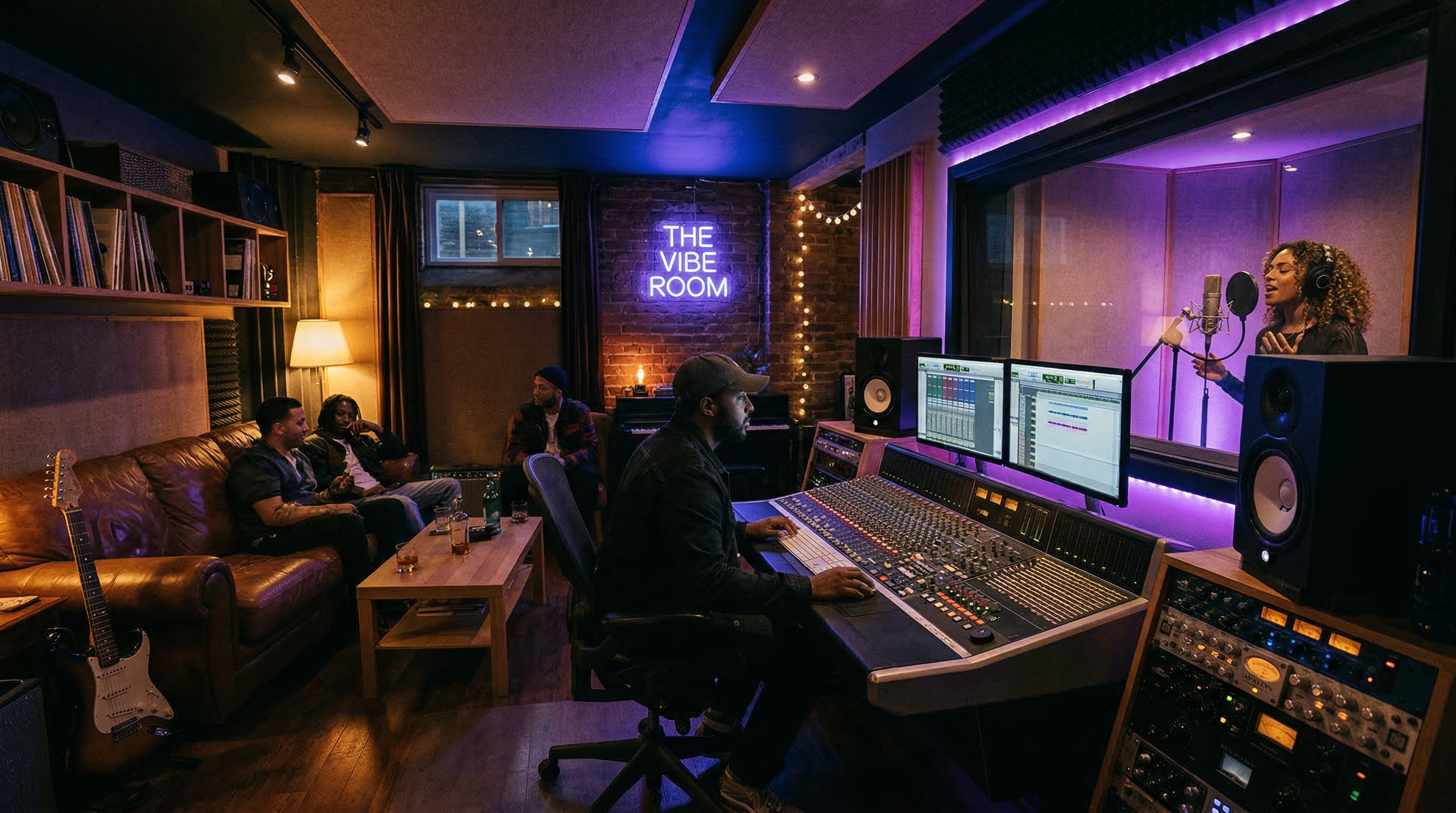 Dimly lit urban recording studio with warm ambient lighting and R&B vocal recording setup